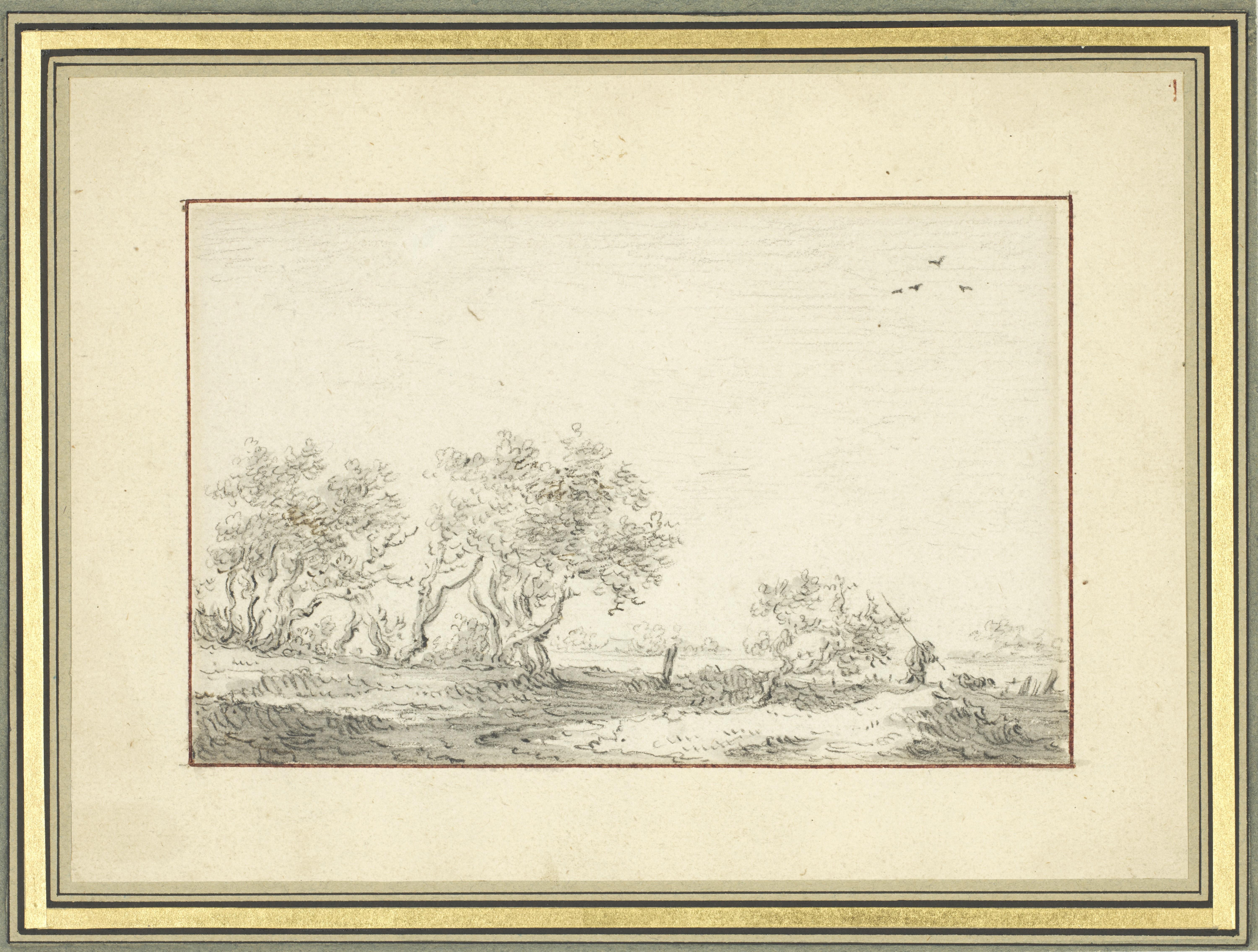 Landschaft mit Bäumen und einem Fischer beim Wandern, eine Zeichnung von Jan Van Goyen  (Alte Meister), Art, von Jan Josefsz Van Goyen