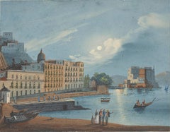Vista del castillo de Ovo a la luz de la luna, gouache napolitano del siglo XIX