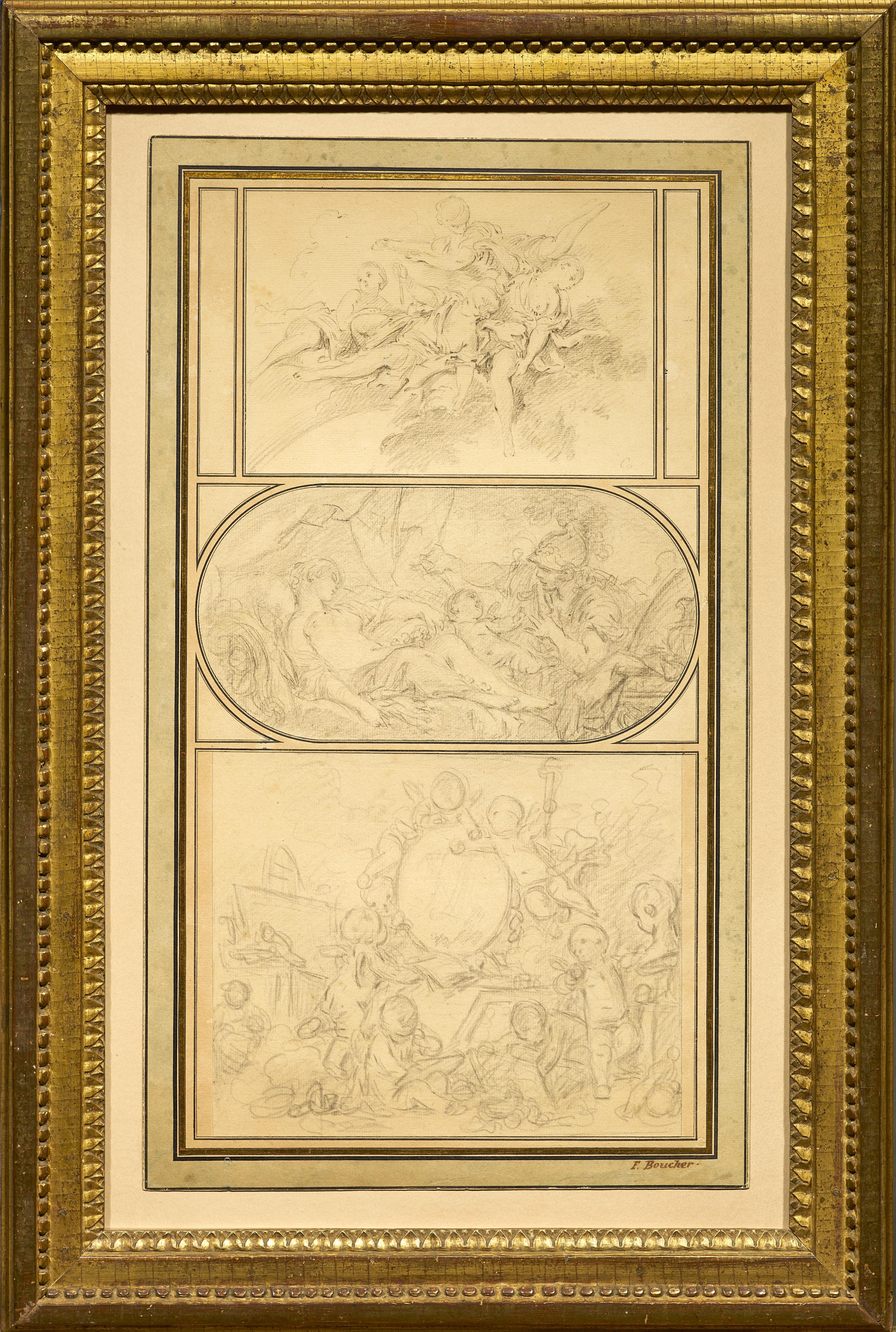 Three drawings by François Boucher in a mounting  by Jean-Baptiste Glomy 