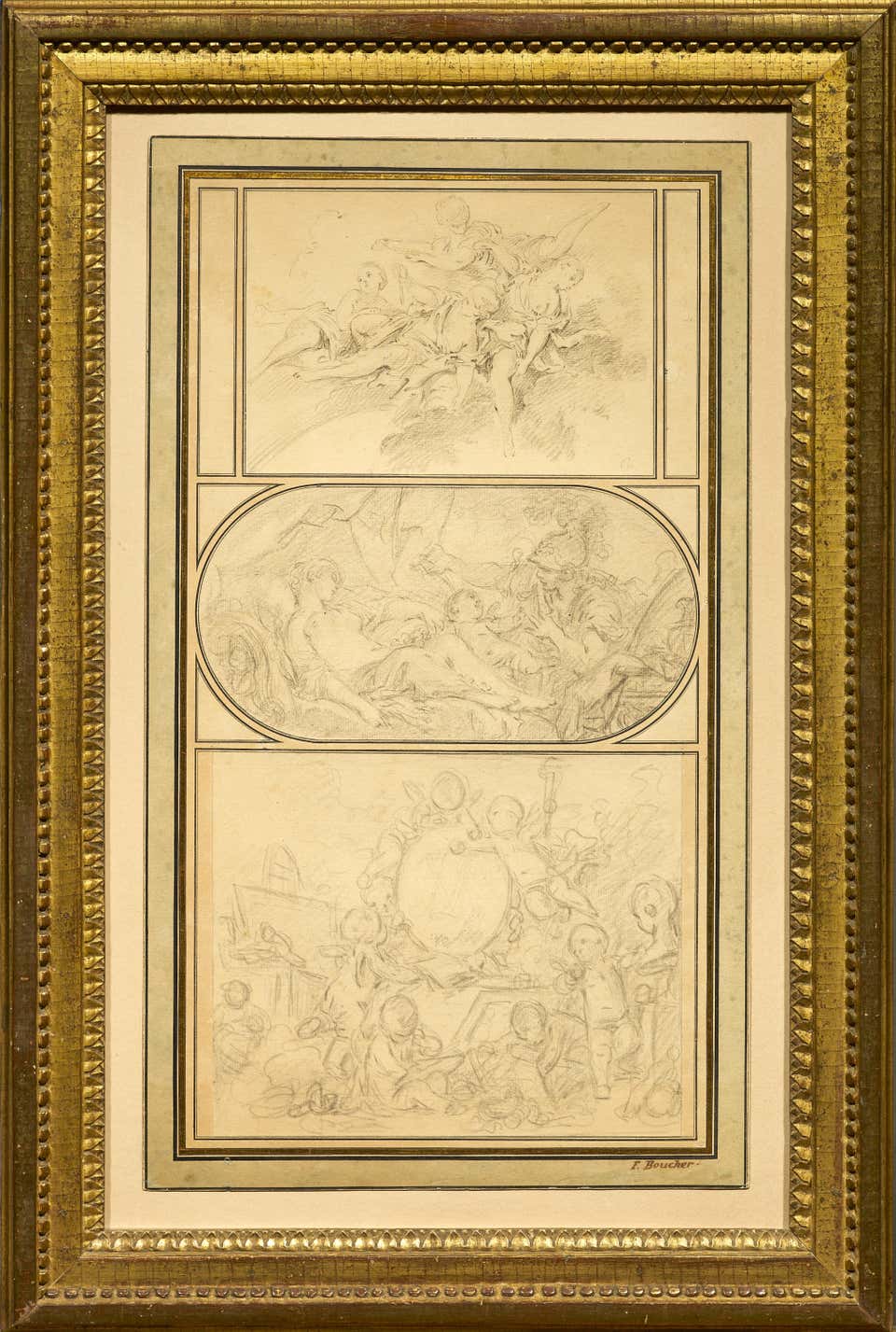 Three drawings by François Boucher in a mounting by Jean-Baptiste Glomy