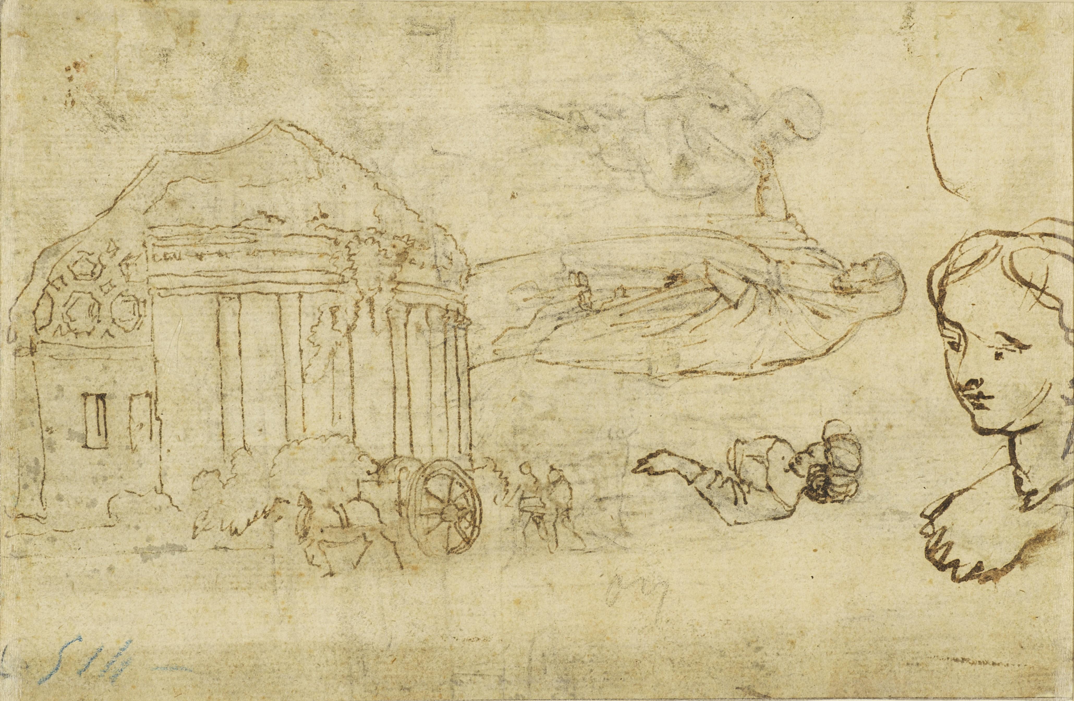 This study presents a typical Roman countryside landscape: an ancient mausoleum in front of which a cart is passing by followed by two peasants. If the technique (a pen drawing on graphite lines, completed with a wash of brown and grey inks) and the