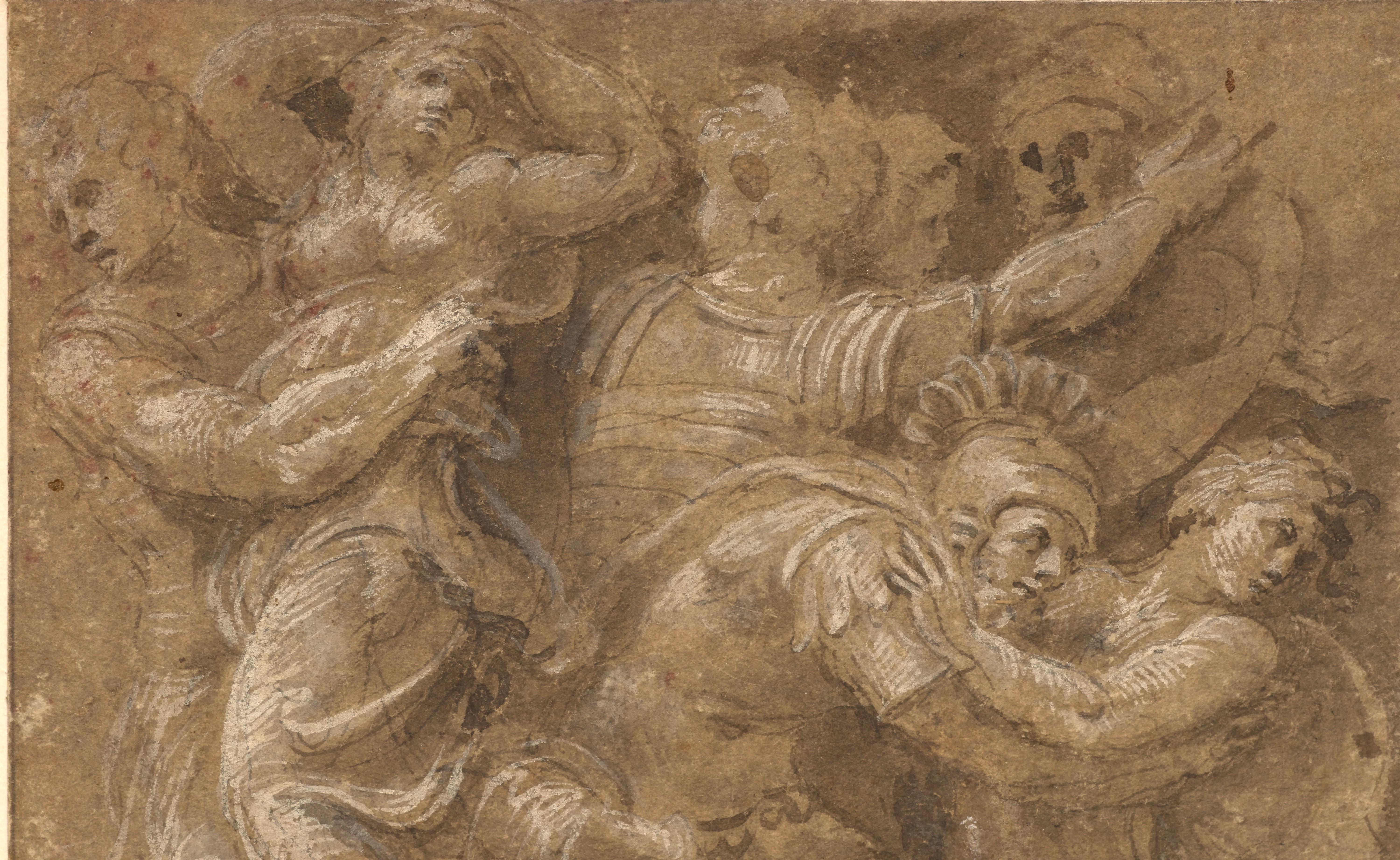 This vigorous drawing has long been attributed to Polidoro da Caravaggio: The Abduction of the Sabine Women is one of the scenes that Polidoro depicted between 1525 and 1527 on the façade of the Milesi Palazzo in Rome. However, the proximity to