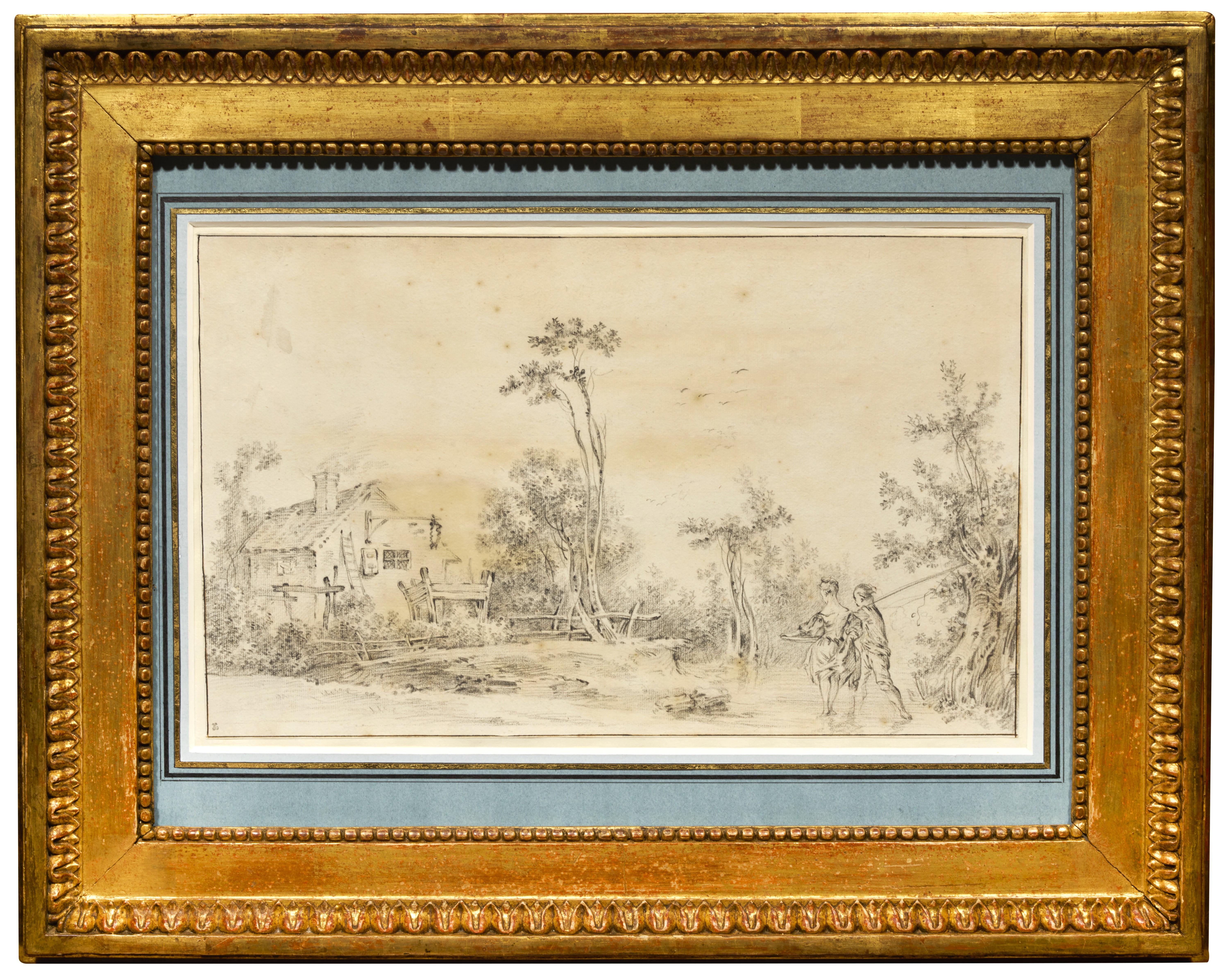 A rural landscape, a drawing partly attributed to Francois Boucher - Painting by François Boucher