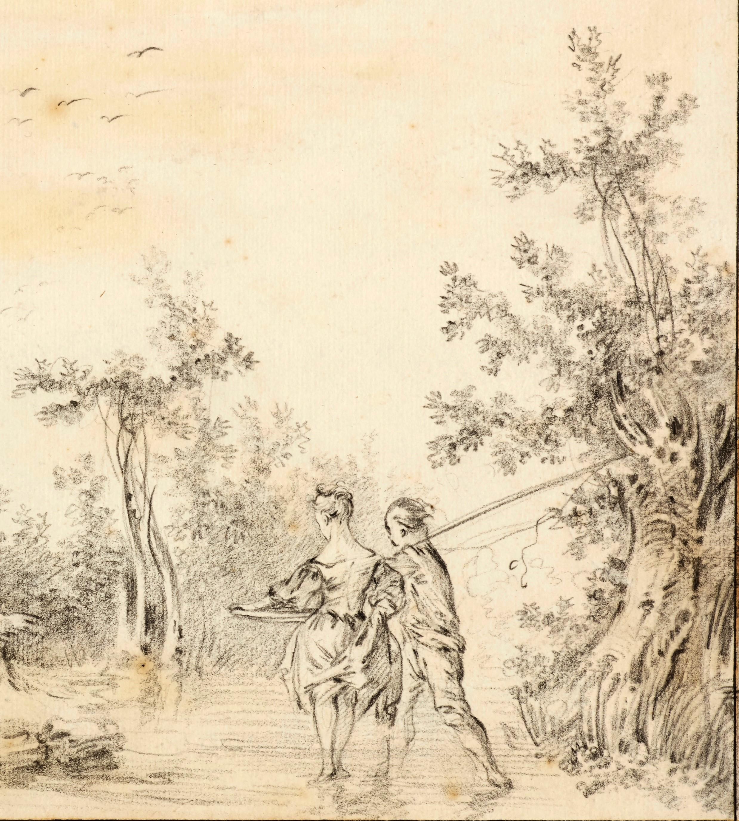 A rural landscape, a drawing partly attributed to Francois Boucher - Old Masters Painting by François Boucher
