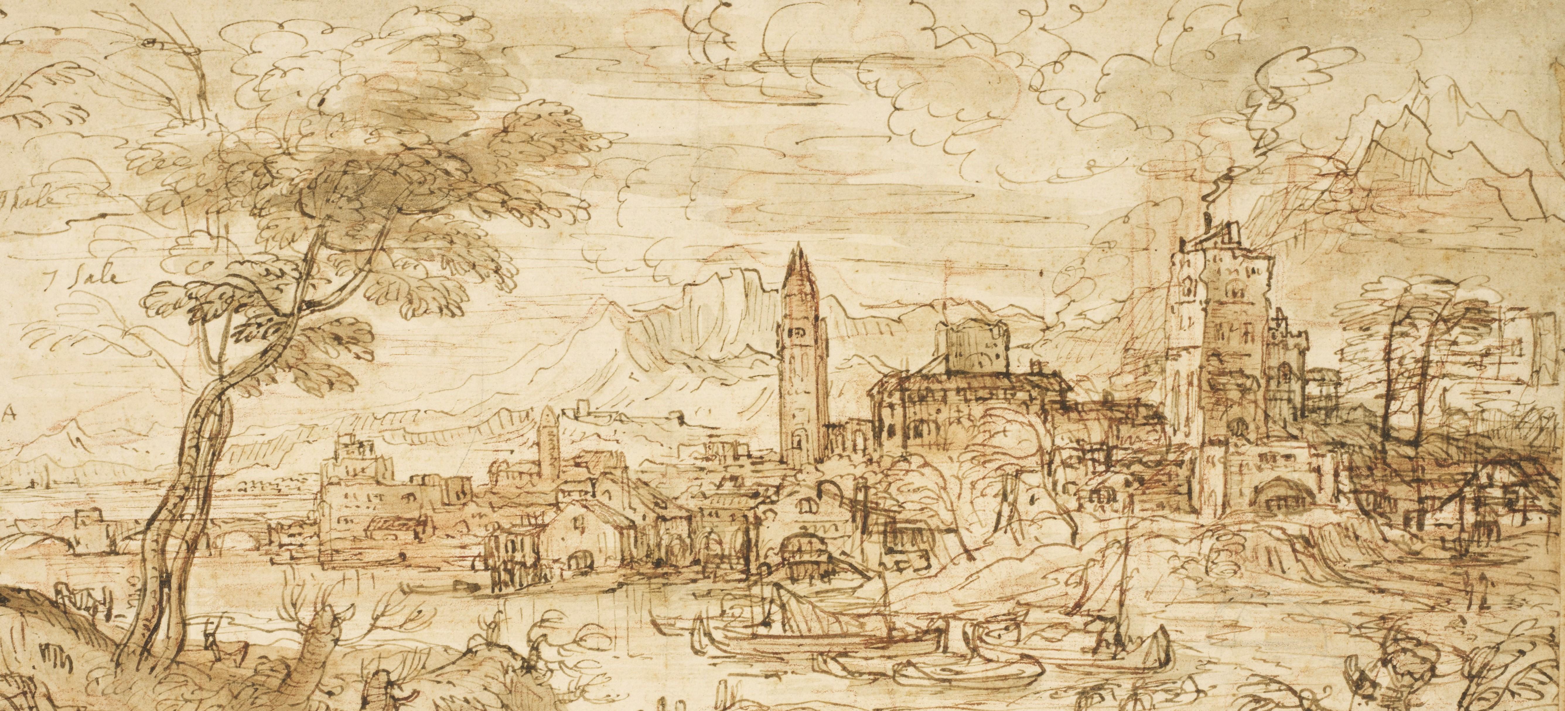 A large landscape drawing executed in Italy around 1630 by a Flemish artist - Beige Landscape Art by Flemish School, 17th Century