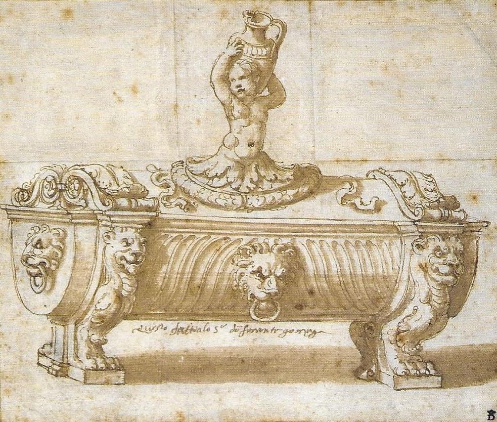 Candelstick project, a drawing attributed to Giulio Romano (circa 1499 - 1546) - Brown Figurative Art by Giulio Romano (Rome 1499 c. - Mantua 1546