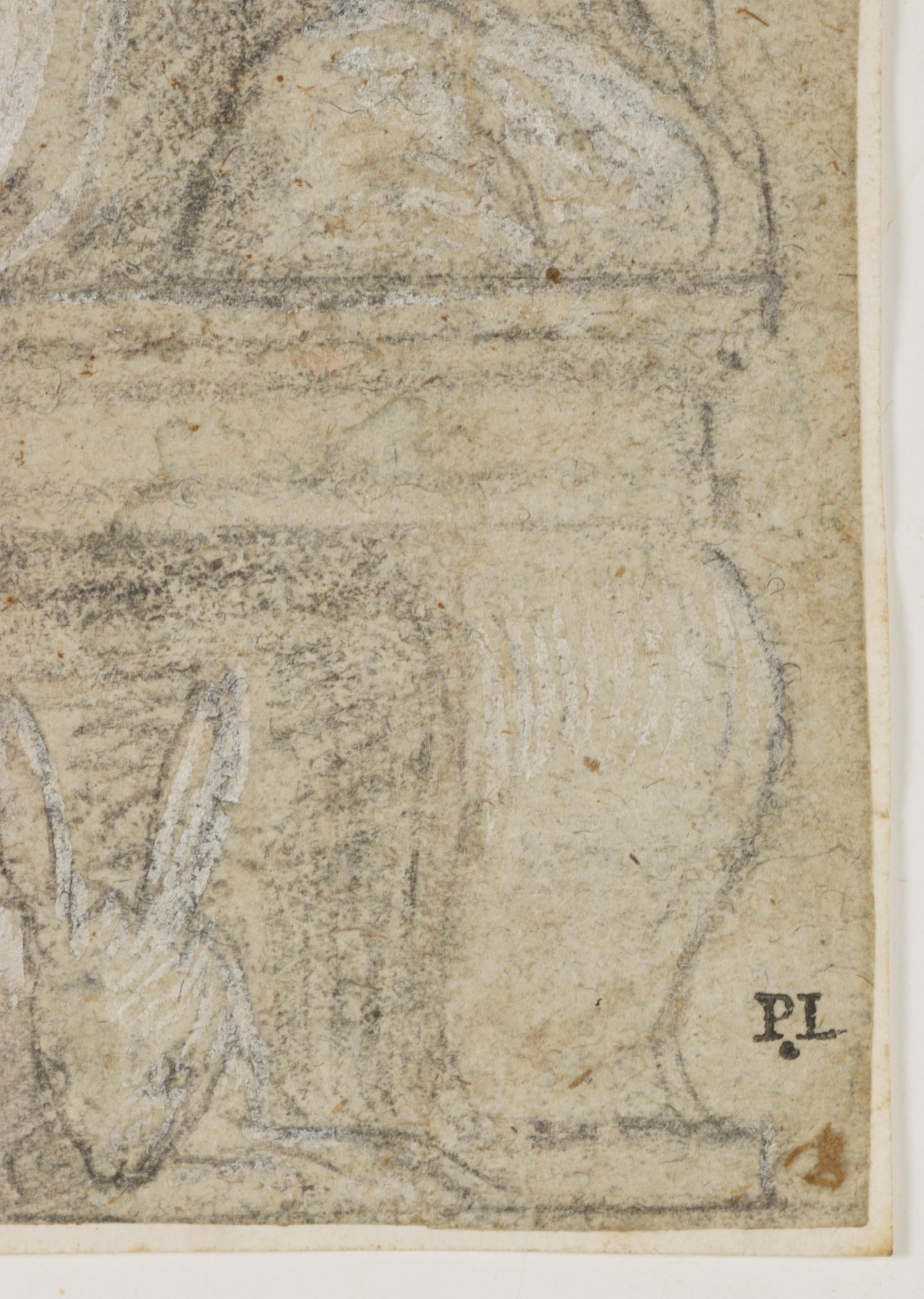 This magnificent drawing from the Venetian Renaissance intrigues us in many ways. It depicts an allegorical composition whose meaning partly escapes us: a veiled figure seated on a stone bench (which we have identified as Chastity), seems to be