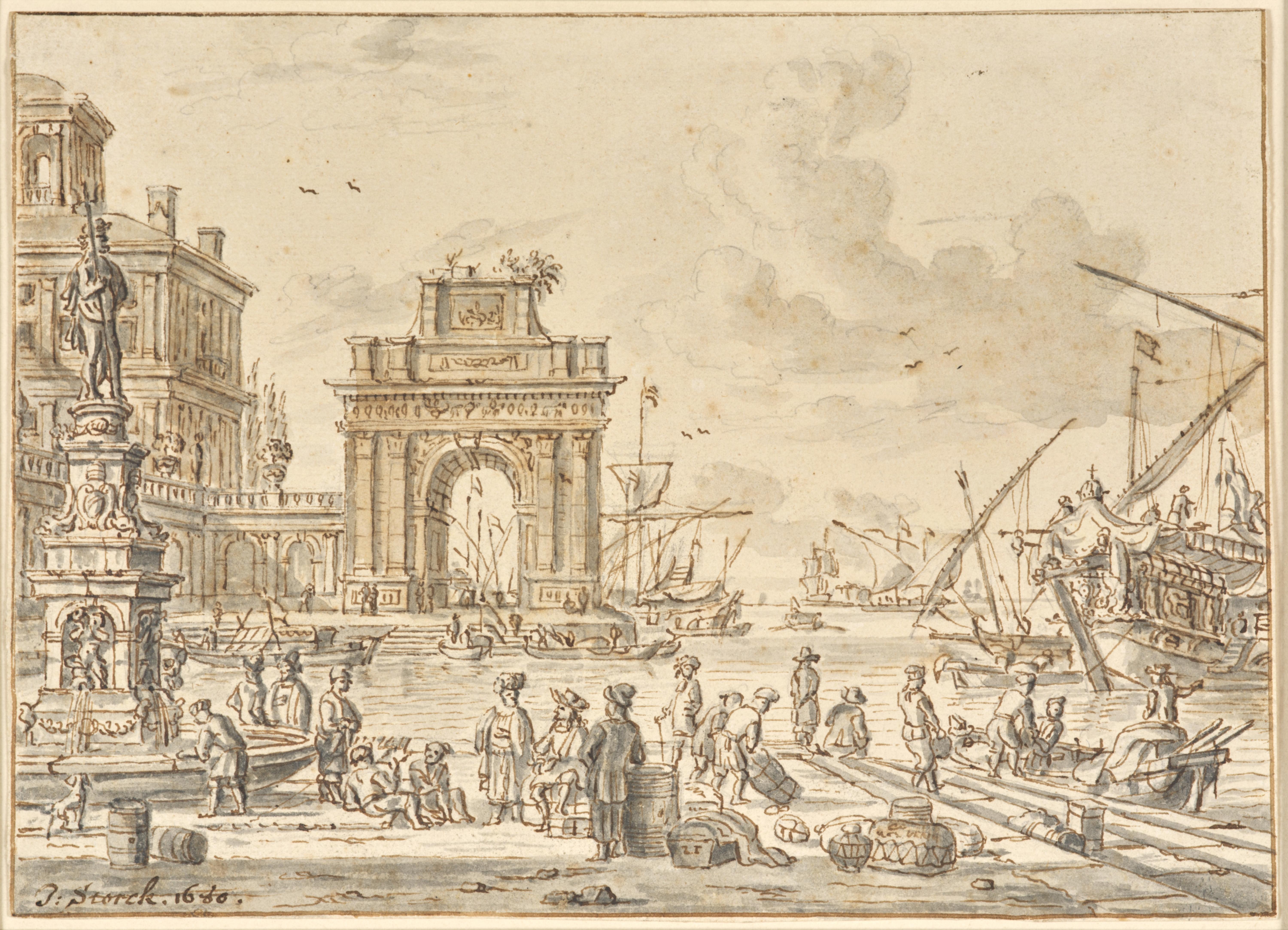 Veduta immaginaria di un porto italiano, disegno firmato e datato di Jacobus Storck in vendita 1