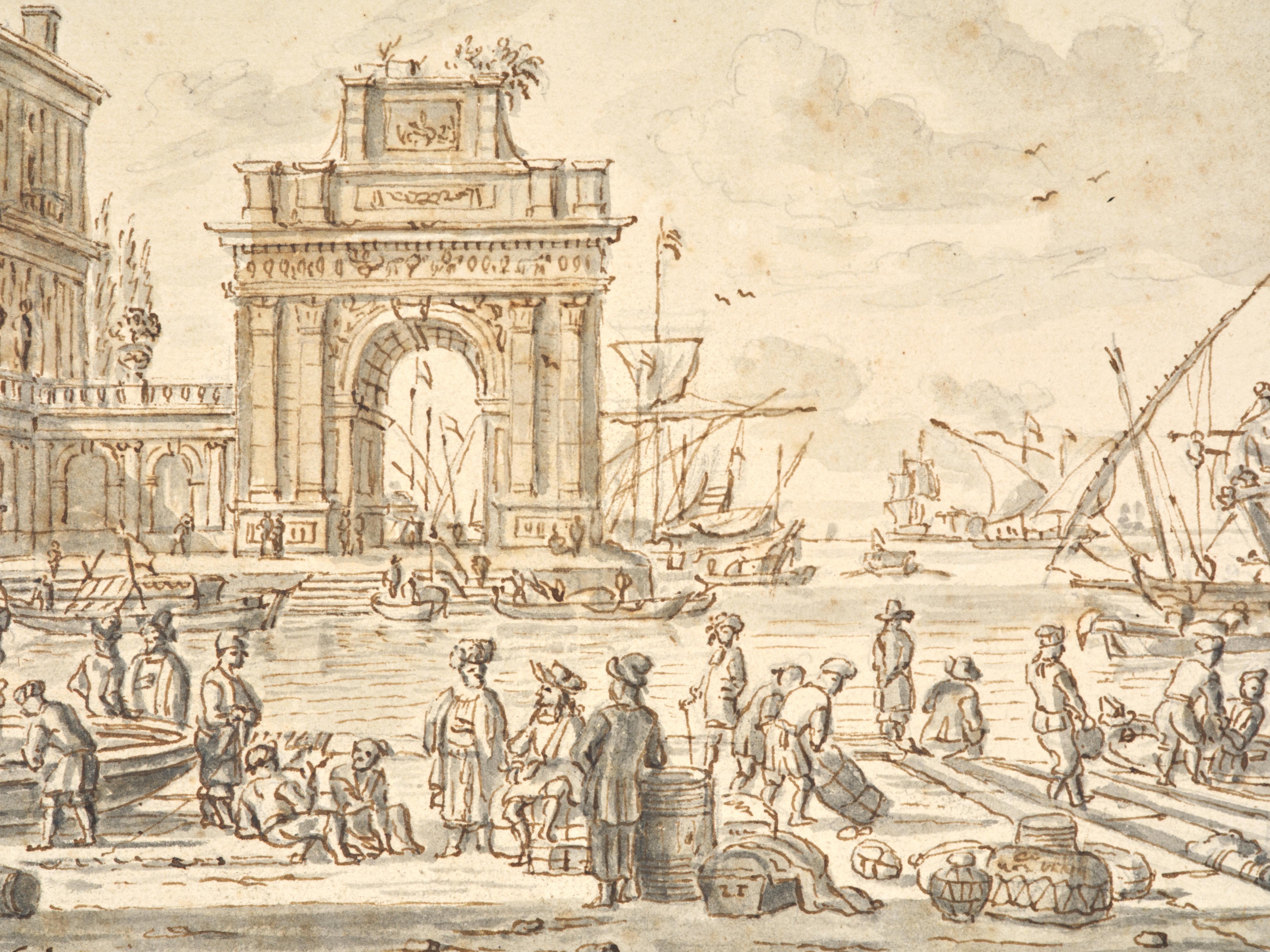 Veduta immaginaria di un porto italiano, disegno firmato e datato di Jacobus Storck in vendita 2
