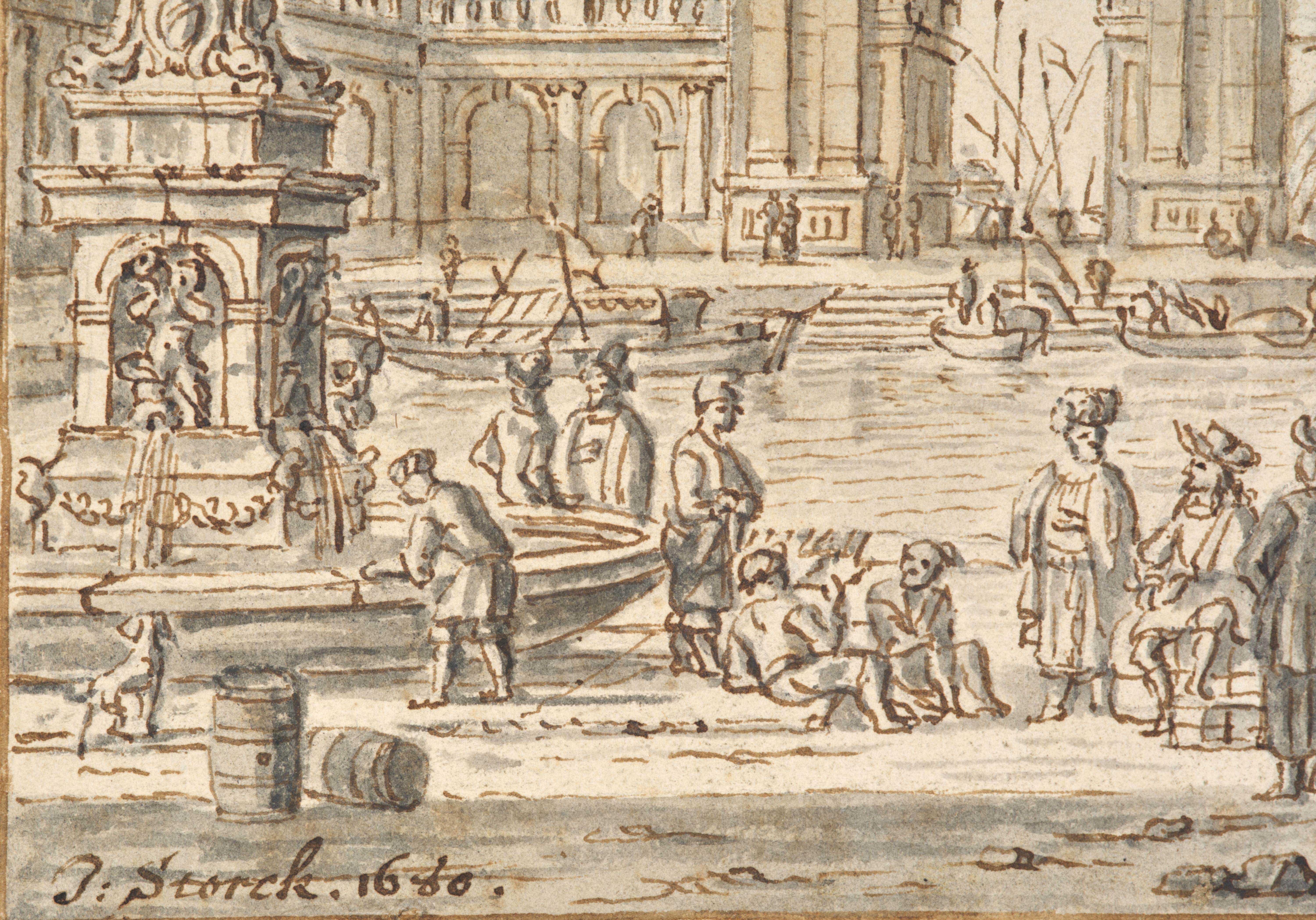 Veduta immaginaria di un porto italiano, disegno firmato e datato di Jacobus Storck in vendita 3