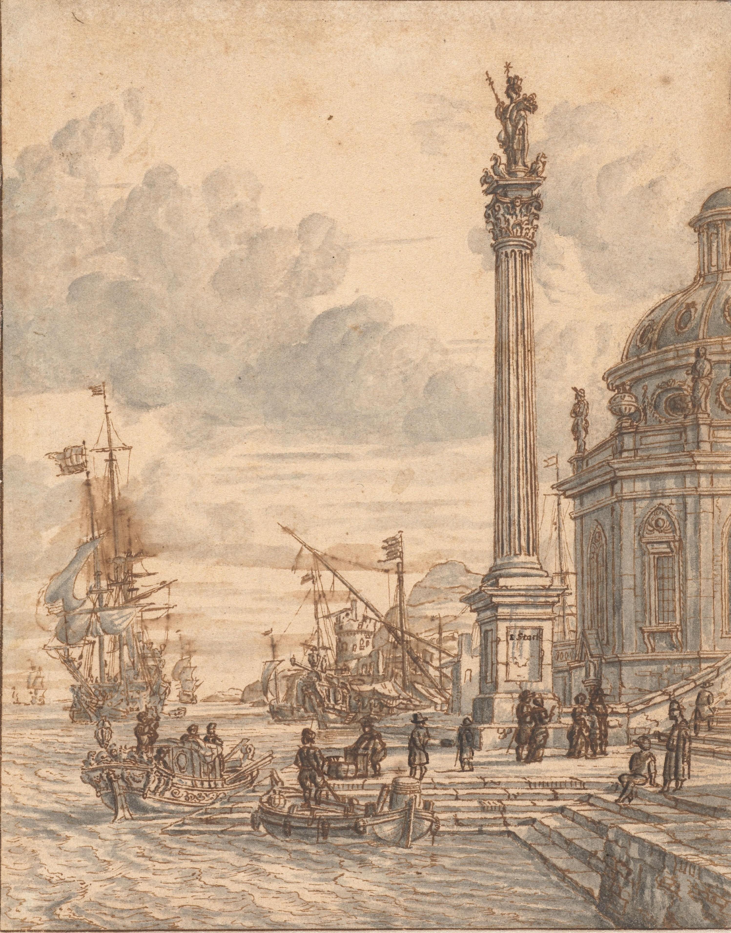 Veduta immaginaria di un porto italiano, disegno firmato e datato di Jacobus Storck in vendita 8