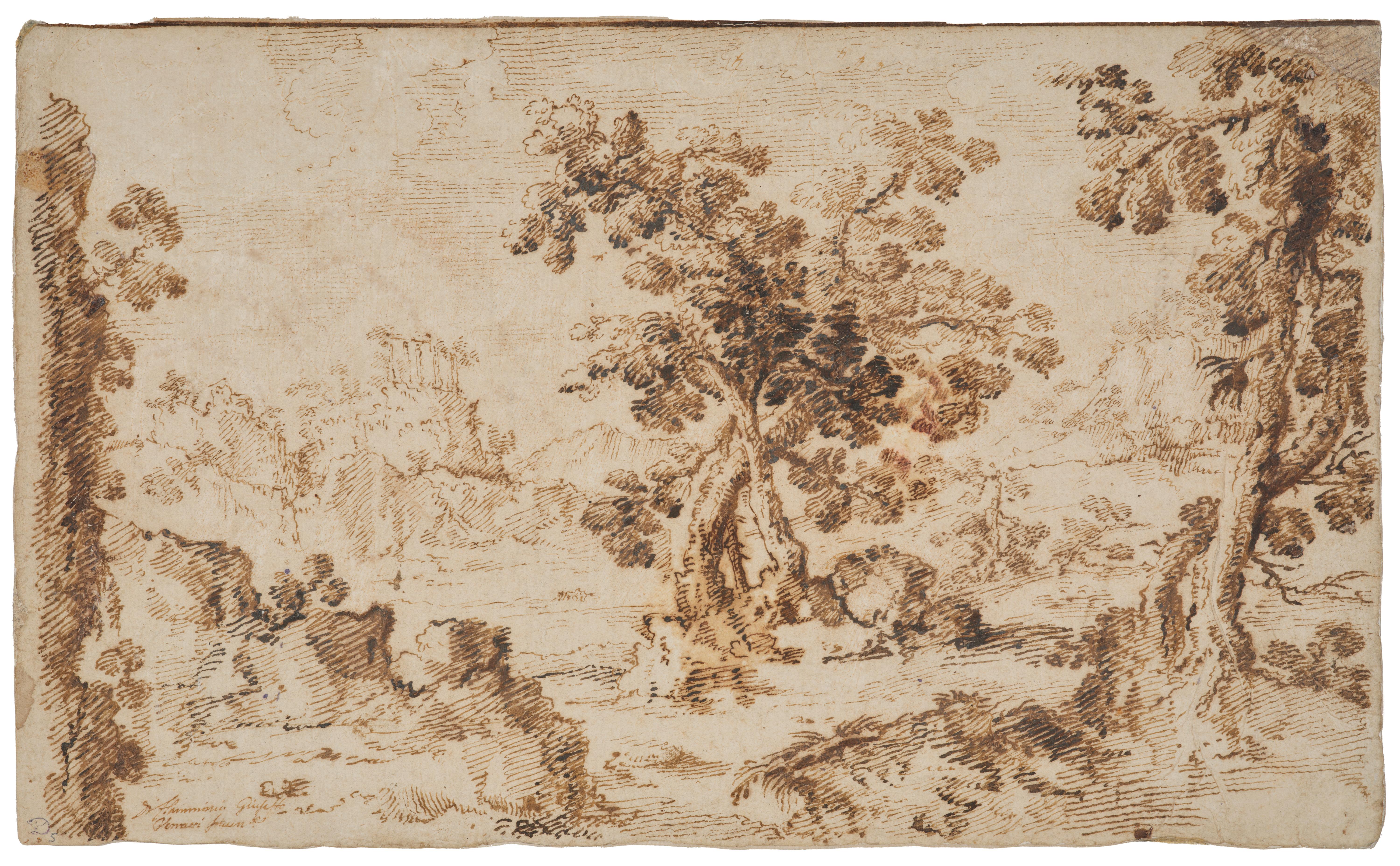 Paesaggio roccioso con alberi e rovine di tempio, disegno di Giulio Parigi (1615 ca.) in vendita 1