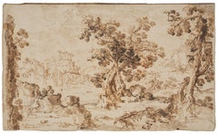 Rocky Landscape with Trees and Temple Ruins a drawing by Giulio Parigi (ca 1615)
