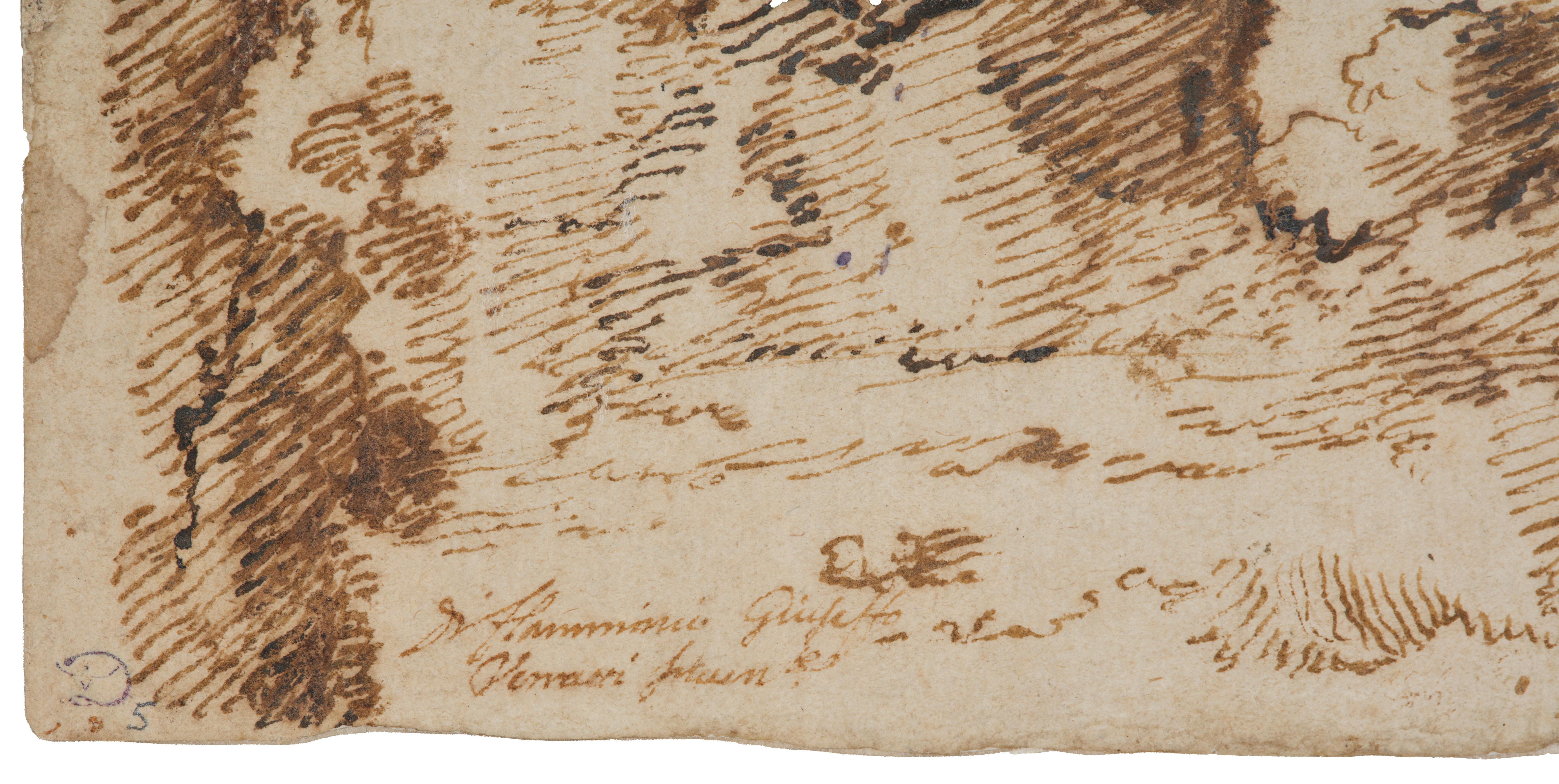 Paesaggio roccioso con alberi e rovine di tempio, disegno di Giulio Parigi (1615 ca.) in vendita 5