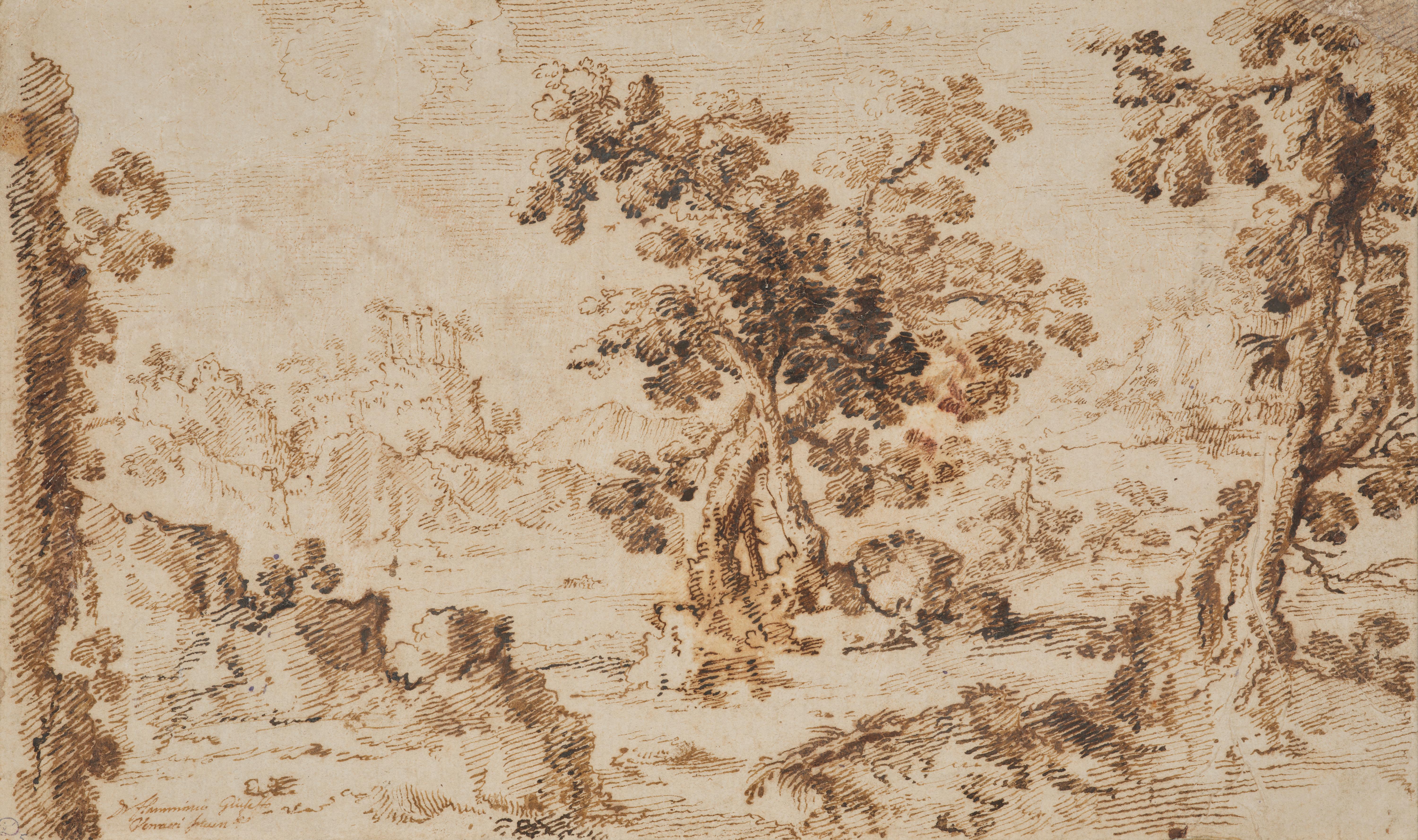 Paesaggio roccioso con alberi e rovine di tempio, disegno di Giulio Parigi (1615 ca.) in vendita 2