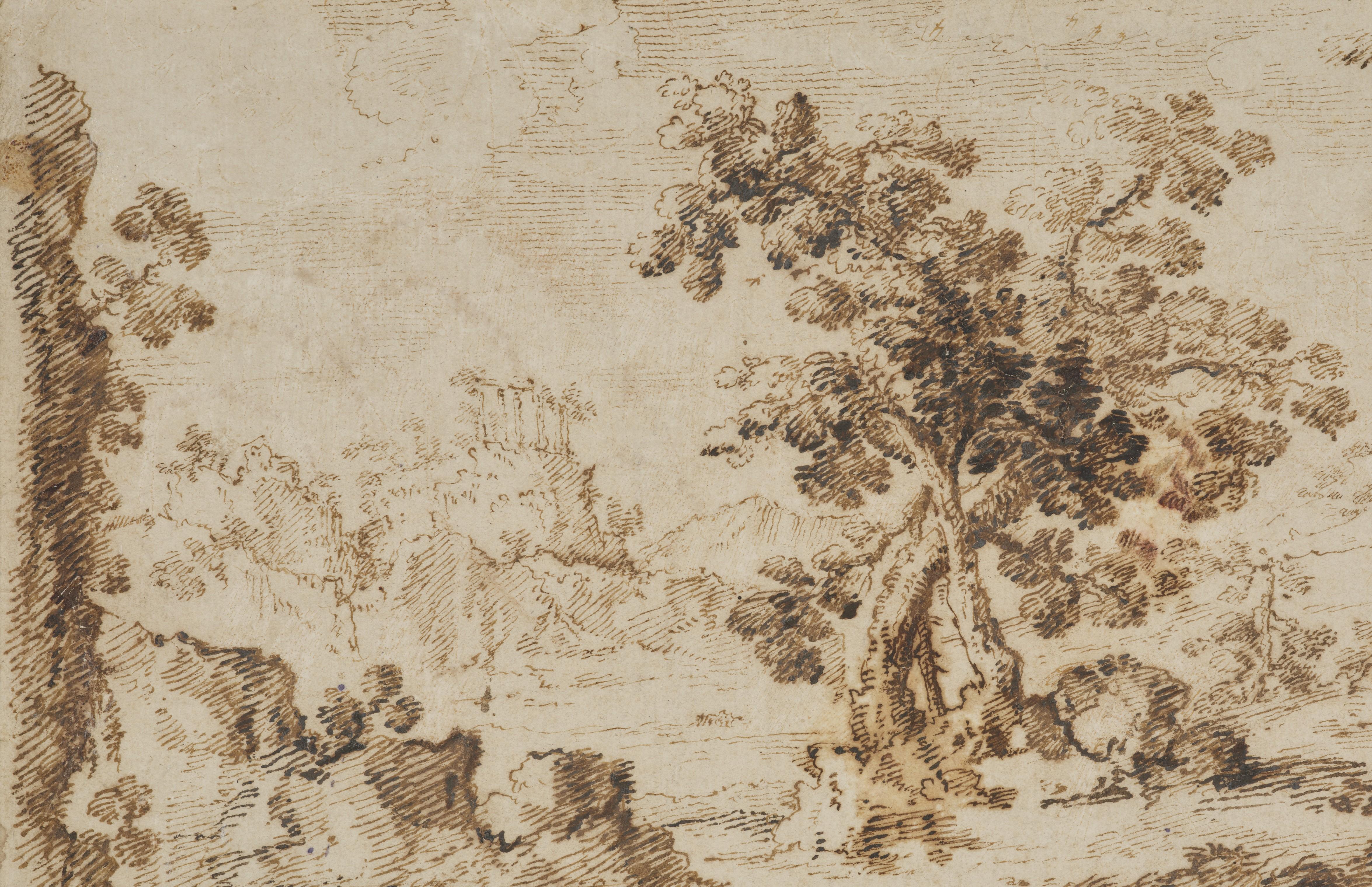 Paesaggio roccioso con alberi e rovine di tempio, disegno di Giulio Parigi (1615 ca.) in vendita 3