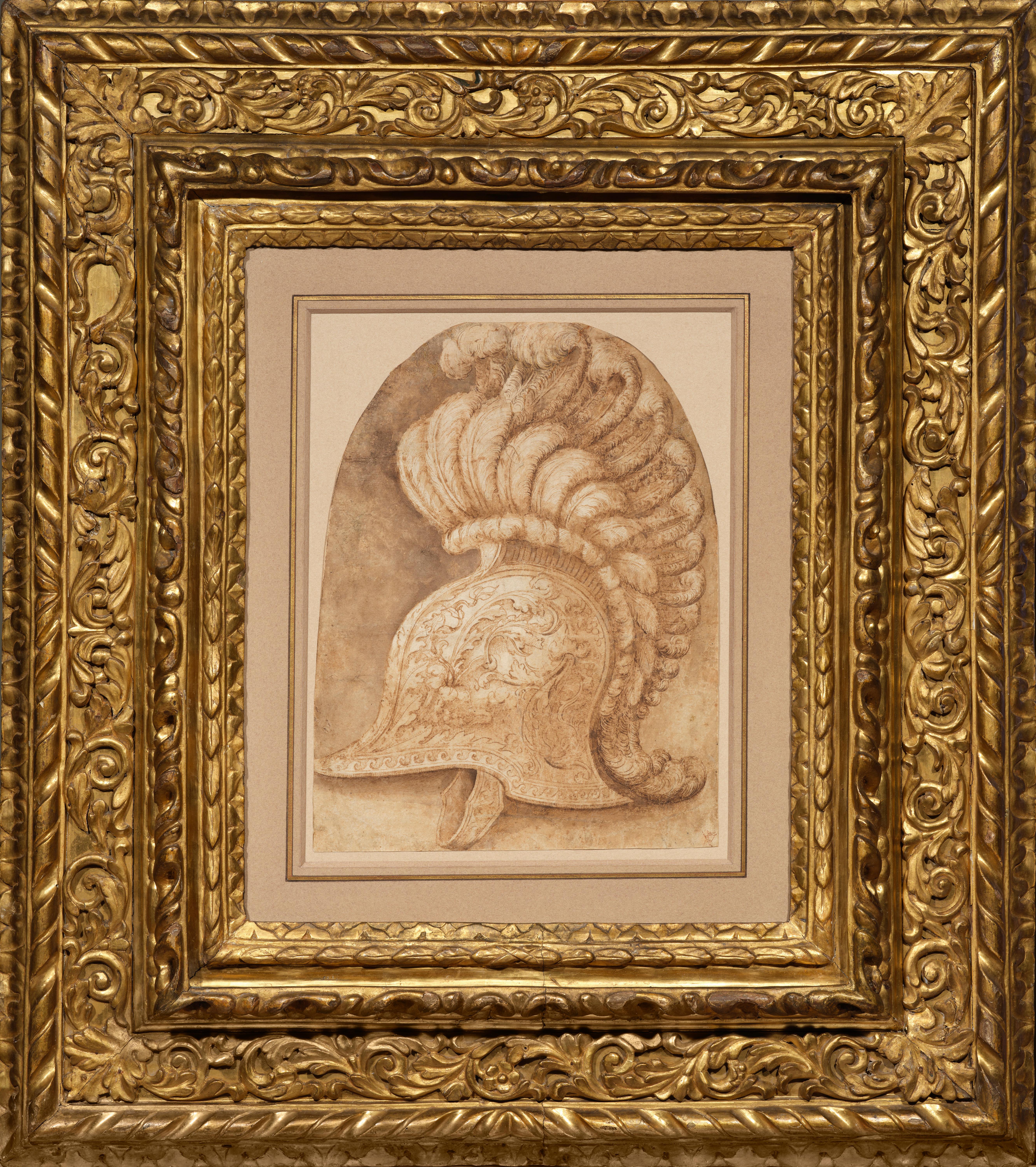 Uno studio per un elmo da parata di Giulio Romano, incorniciato in una spettacolare cornice rinascimentale