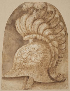 Un boceto de un casco de desfile de Giulio Romano en un espectacular marco renacentista