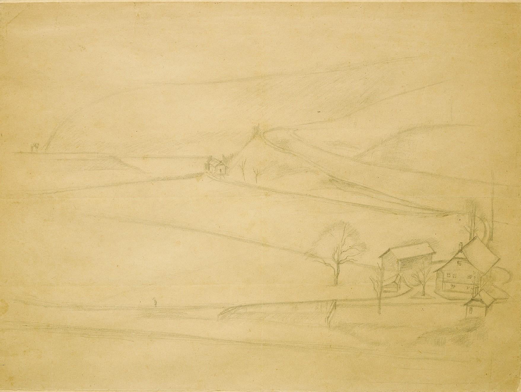 Balthus (Balthasar Klossowski de Rola) - Study for « Paysage de Fribourg » - 1943 a drawing by Balthus (1908 photo
