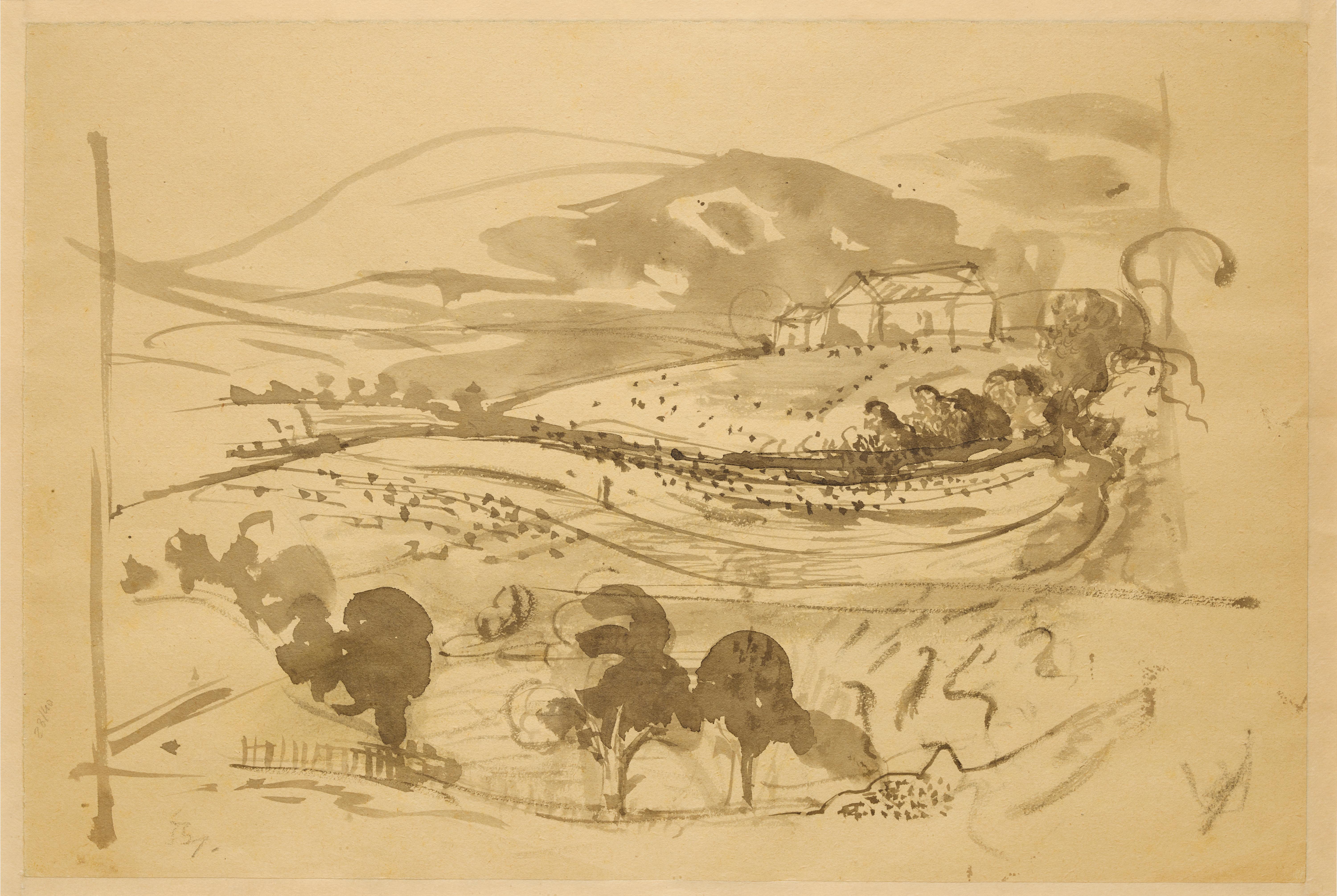 Balthus (Balthasar Klossowski de Rola)  Landscape Art - Study for "La Bergerie" - 1957-1960 - a double-sided ink wash signed by Balthus 