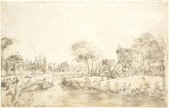 Used Villas on the Brenta, an ink wash on paper by Francesco Guardi, Venice 1712-1793