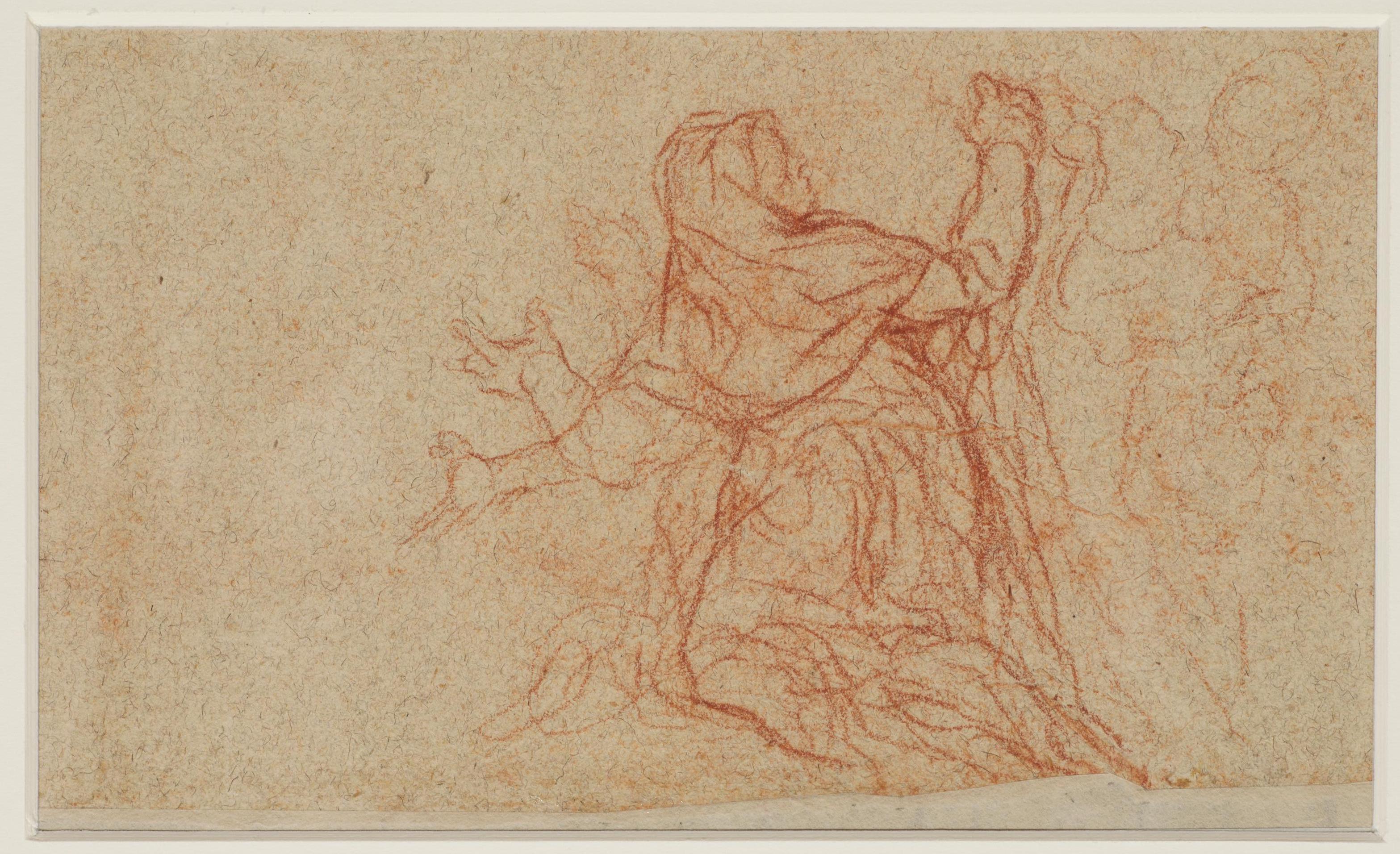 This fresh sanguine sheet presents various studies placed next to each other in no apparent order. Two of the feet studies are preparatory to the first major commission received by the young Baldassare Franceschini, shortly after his installation in