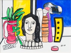 Fernand Léger Gouache on Paper Statuette and Red Vase Woman Figure Bright Colors