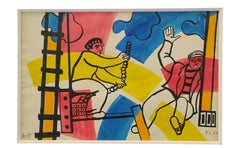 Les Constructeurs Gouache on Paper, Framed, 1952, Signed, Bold Colors