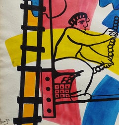 Les Constructeurs Gouache on Paper, Framed, 1952, Signed, Bold Colors
