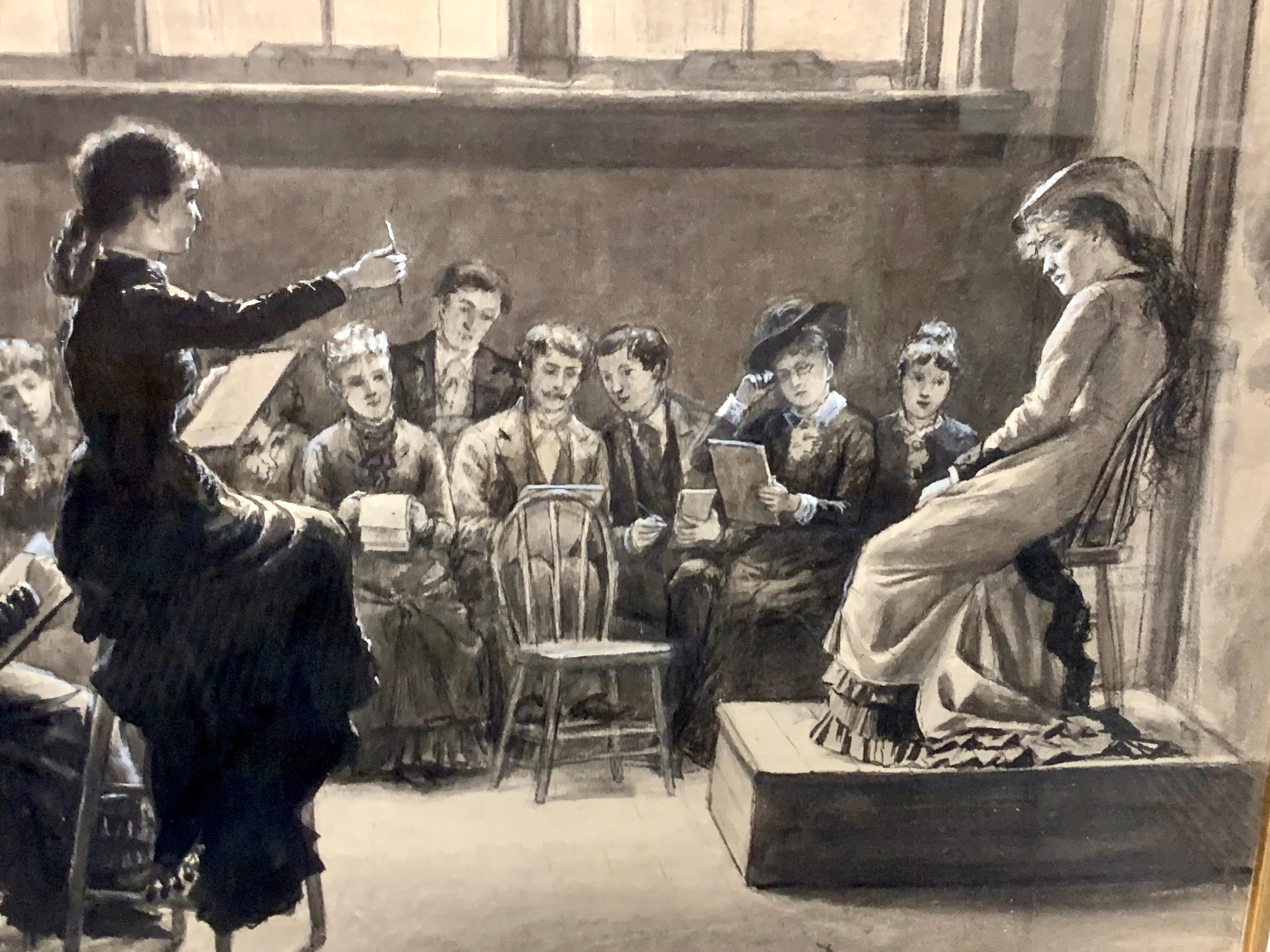 Il s'agit d'une peinture historique très importante réalisée par l'artiste Jennie Augusta Brownscombe.  Américain 1850-1936.  Elle représente un cours d'art pour femmes organisé à la National Academy of Design de New York en 1878.  Signé avec un