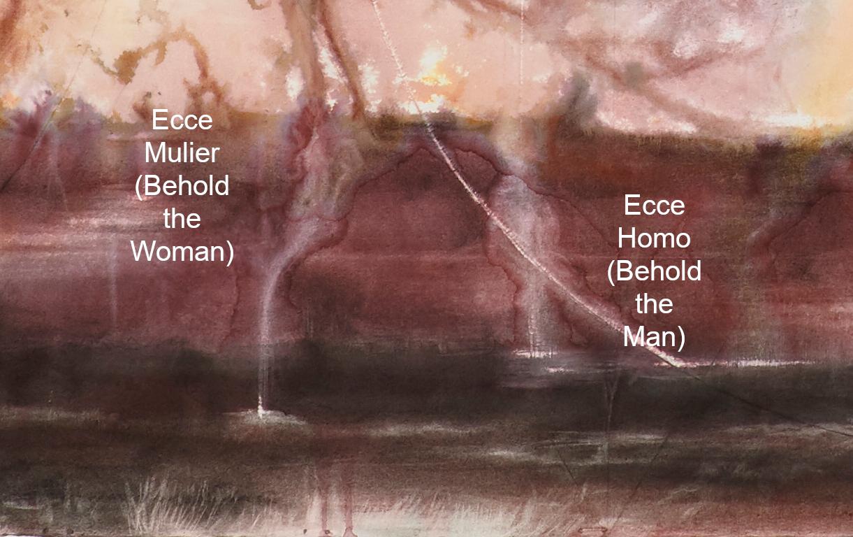 Judith Brandon
Pink Elephants / No Harm Done
2018
Signed & Dated Lower-Right
Ink, Charcoal and Pastel on Incised Cotton Paper
42 x 70 inches 
49.75 x 77.25 inches (framed)
This thoughtful piece laments the elephant population being hunted to