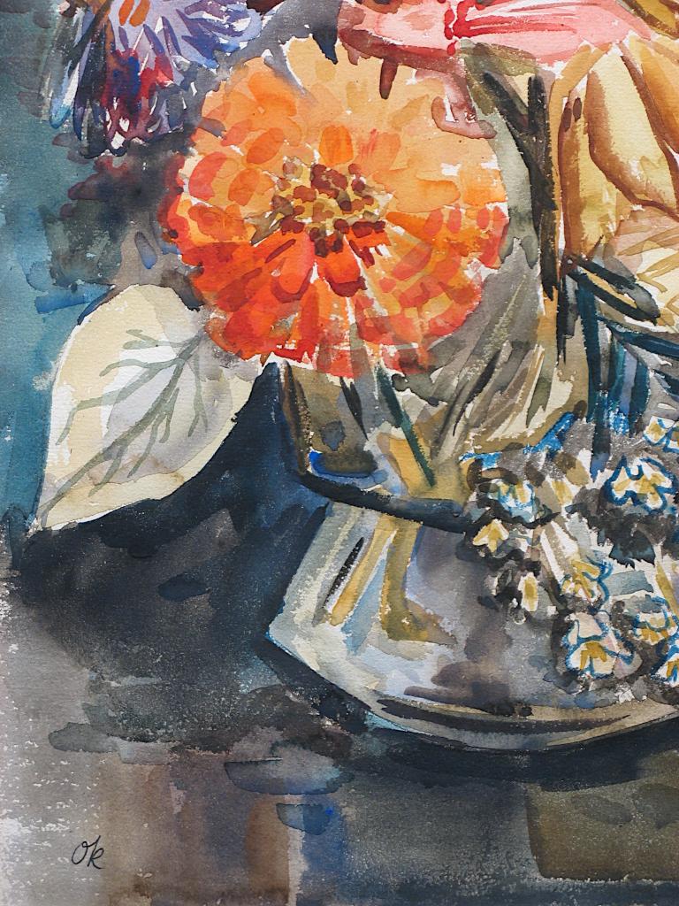 Modernist Floral Watercolor, signed 
