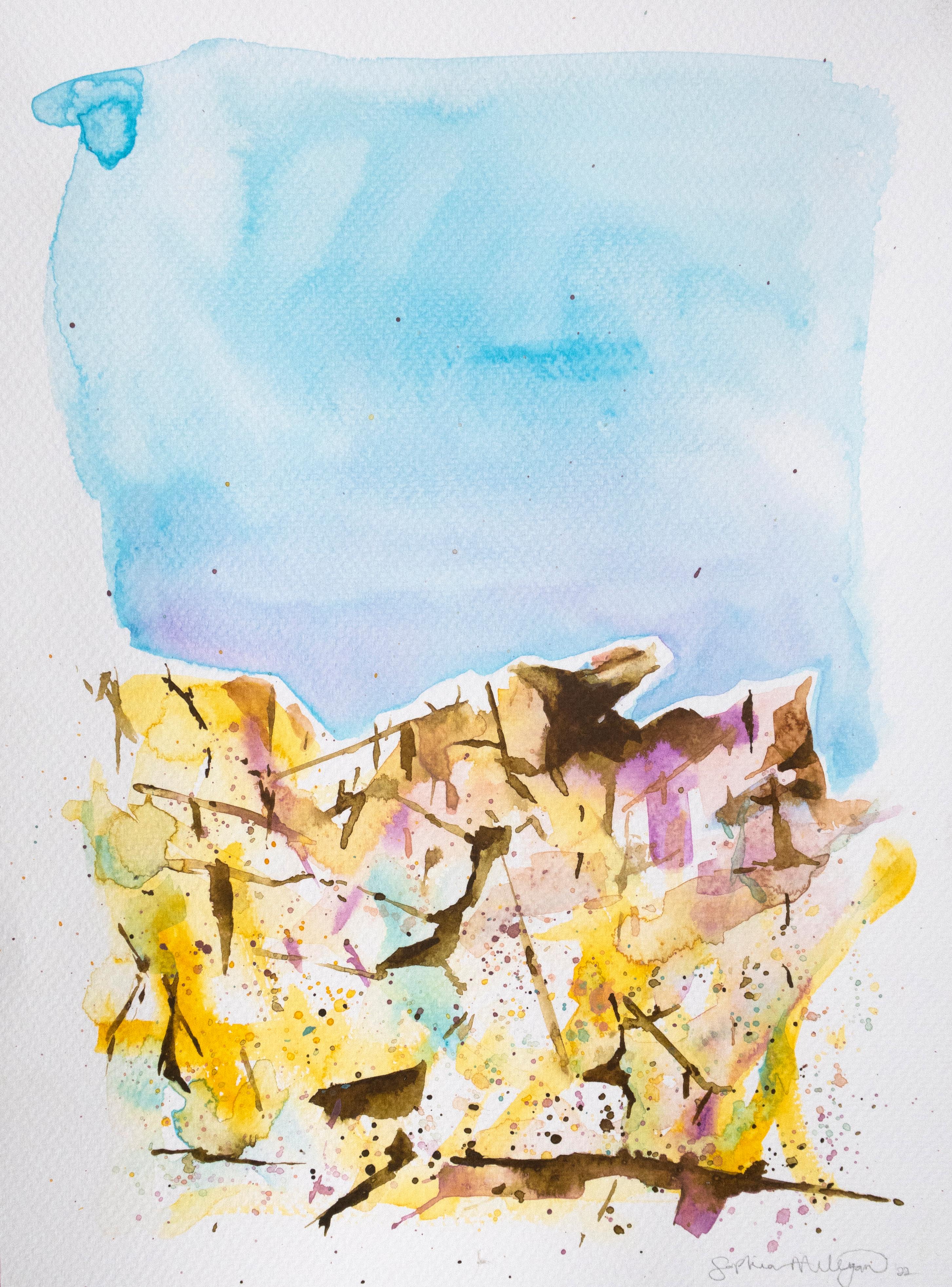'Prye' Contemporary landscape blue sky, yellow stone, earth and air - Painting by Sophia Milligan