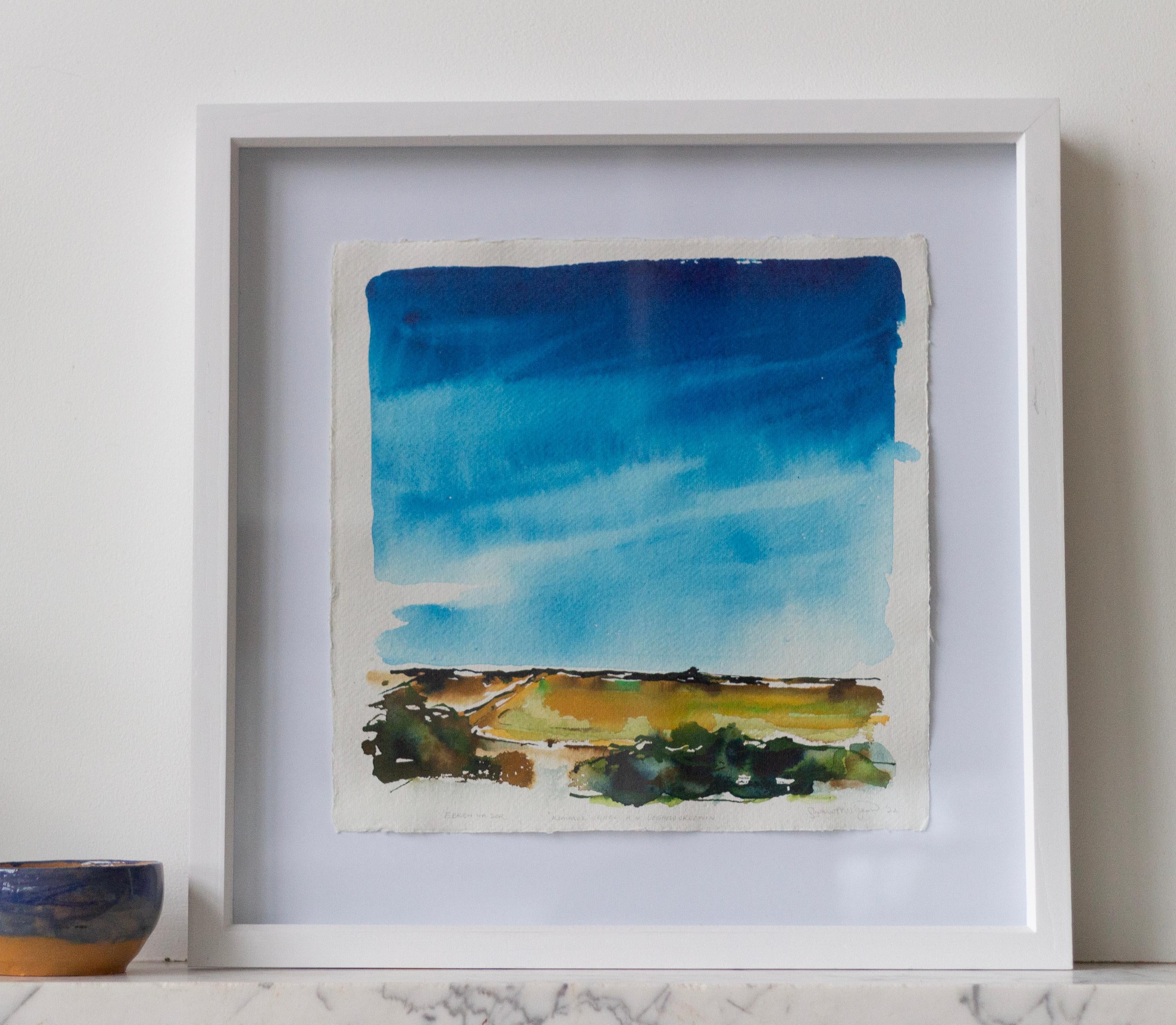 'High Cirrus from the South West'. Framed landscape clouds blue yellow nature - Blue Landscape Art by Sophia Milligan
