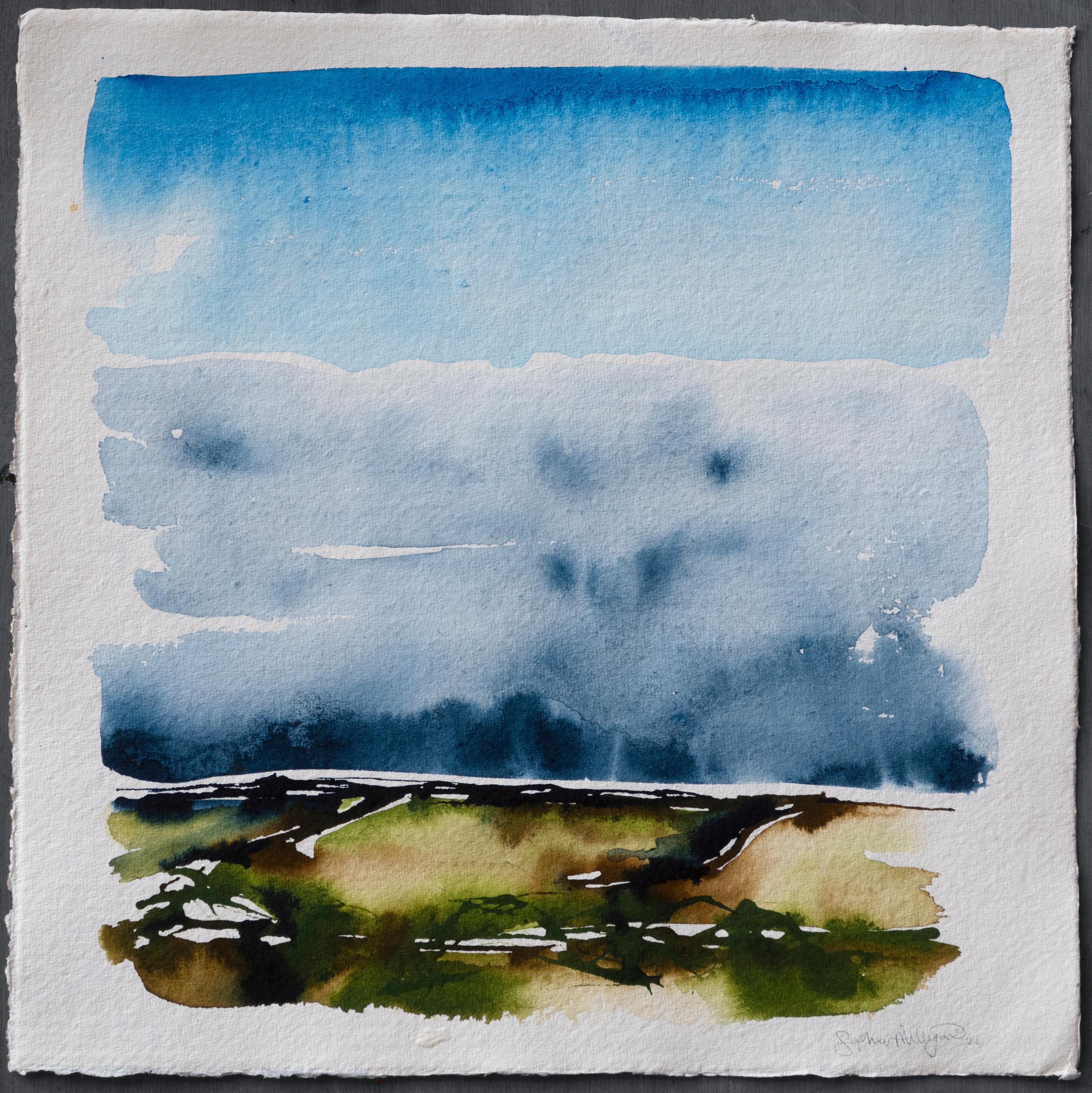 'Fall Fog Approaching'. Contemporary Landscape Clouds Moody sky Blue Green Brown - Painting by Sophia Milligan