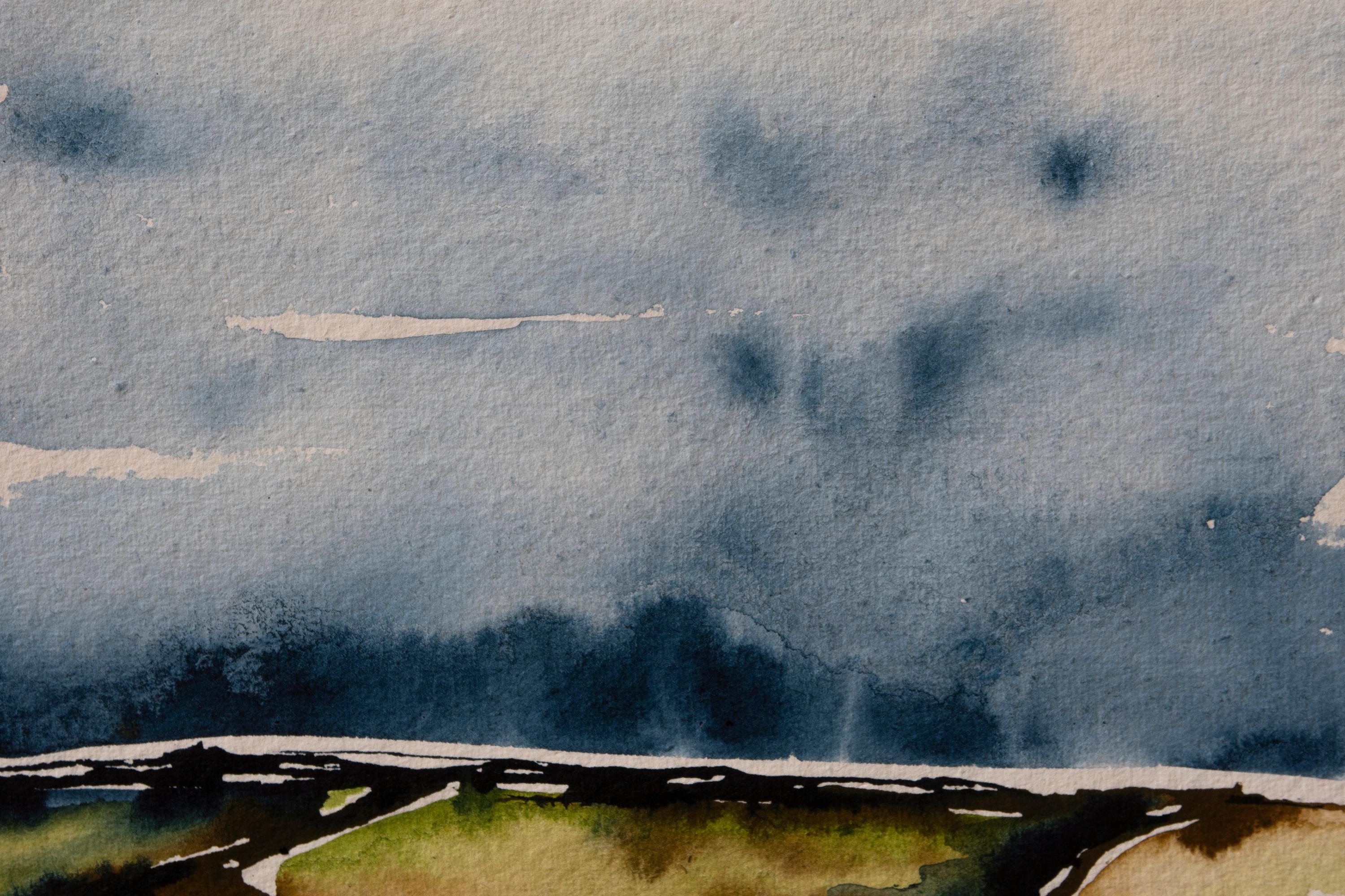 „Fall Fog Approaching“-Ansatz. Zeitgenössische Landschaftslandschaft Wolken in Moody Himmelblau Grün Braun im Angebot 3