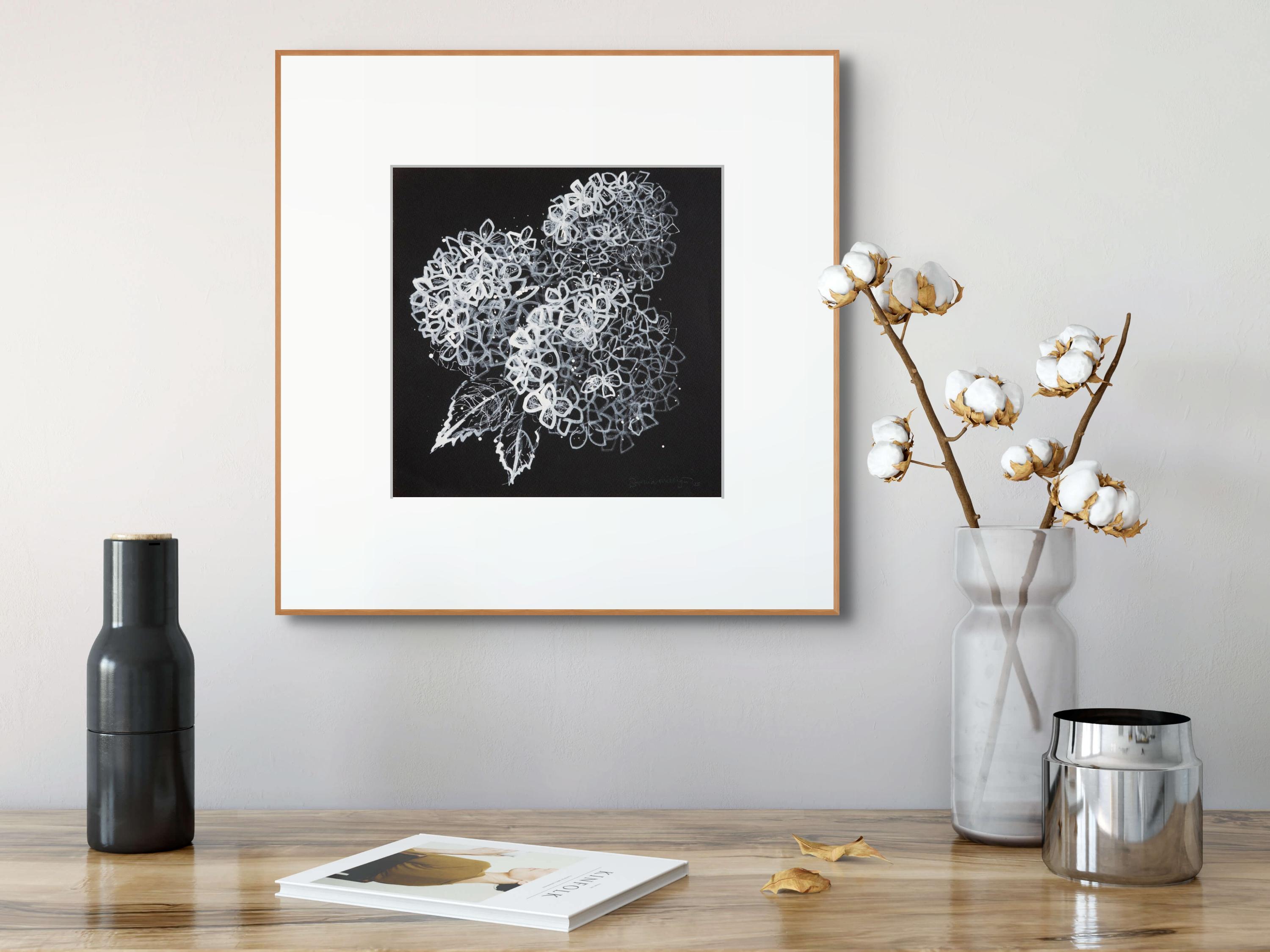 'Hydrangeas in White' Contemporary monochrome black white drawing nature minimal For Sale 1