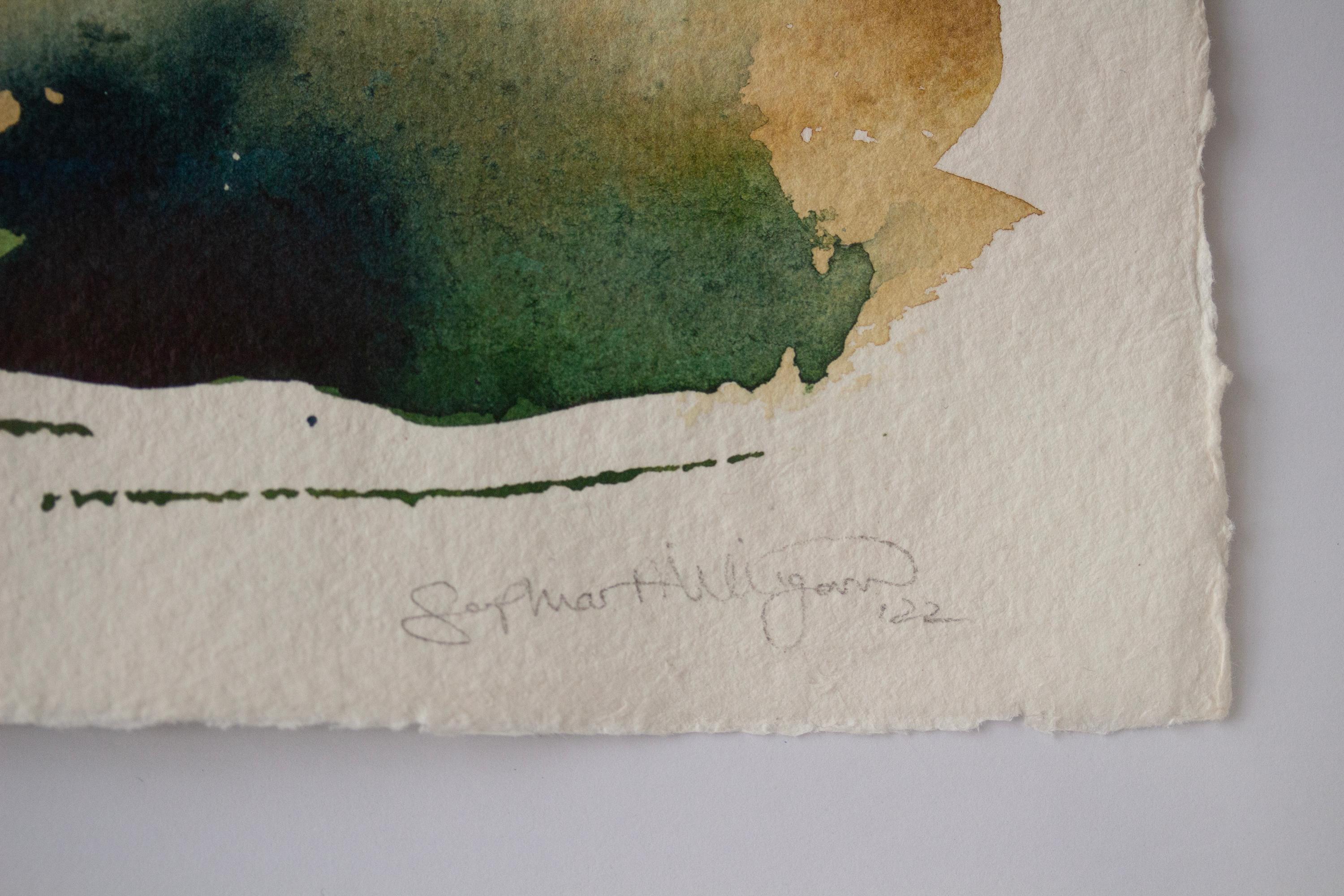 „Ebren Ha Dor, Tremenus“. Gerahmte zeitgenössische Landschaft, ländliche himmelblaue Natur (Grau), Landscape Art, von Sophia Milligan