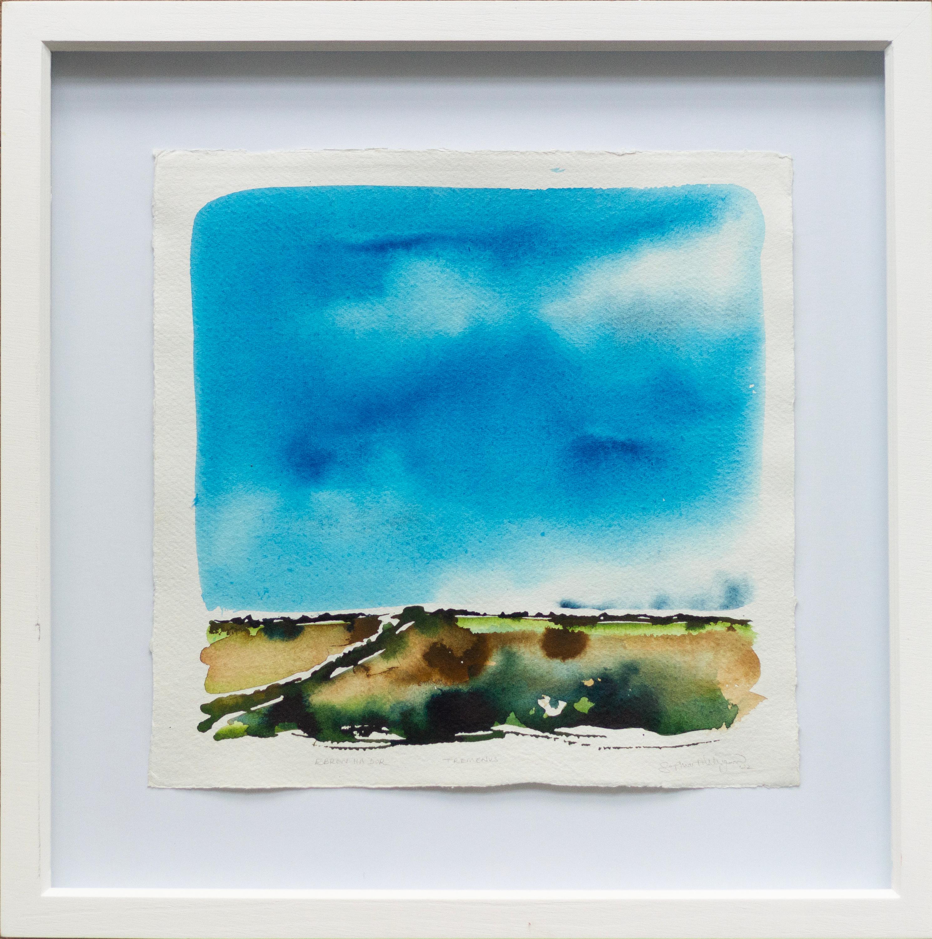 Sophia Milligan Landscape Art - 'Ebren Ha Dor, Tremenus'. Framed contemporary landscape, rural sky blue nature