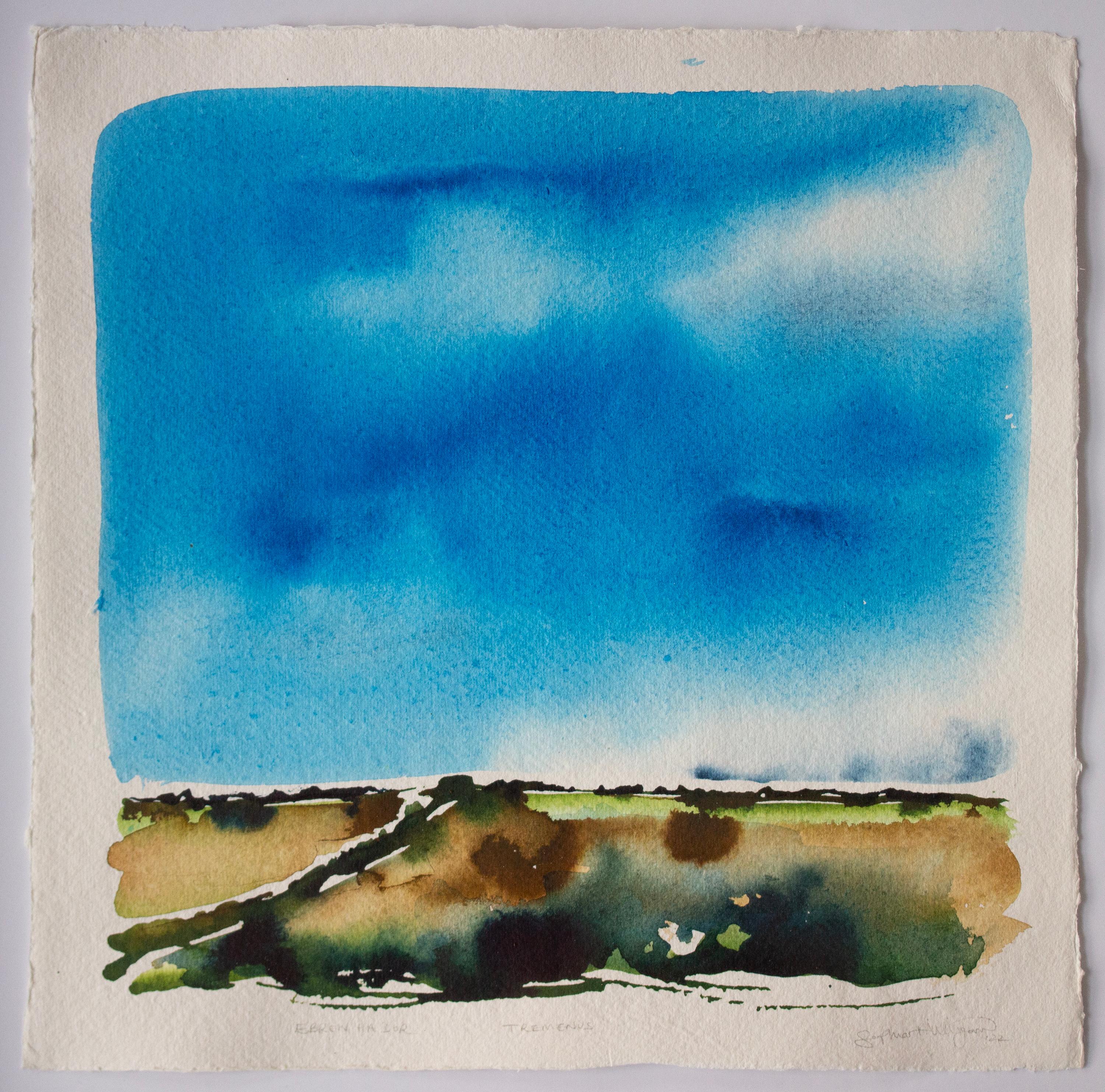 'Ebren Ha Dor, Tremenus'. Framed contemporary landscape, rural sky blue nature - Art by Sophia Milligan