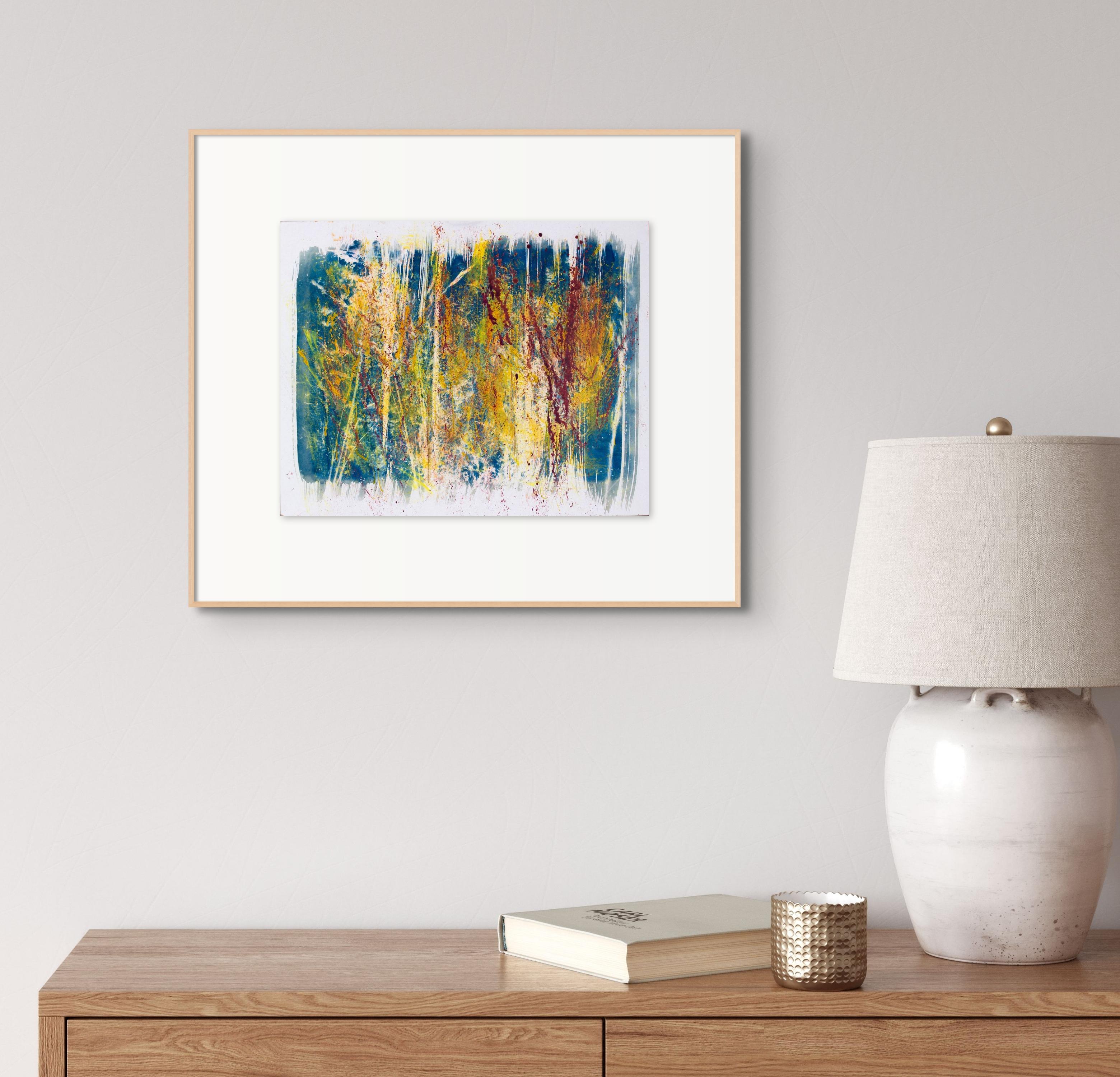 'Beautiful Neglect'. Contemporary abstract landscape,  Blue Yellow Red, nature - Painting by Sophia Milligan