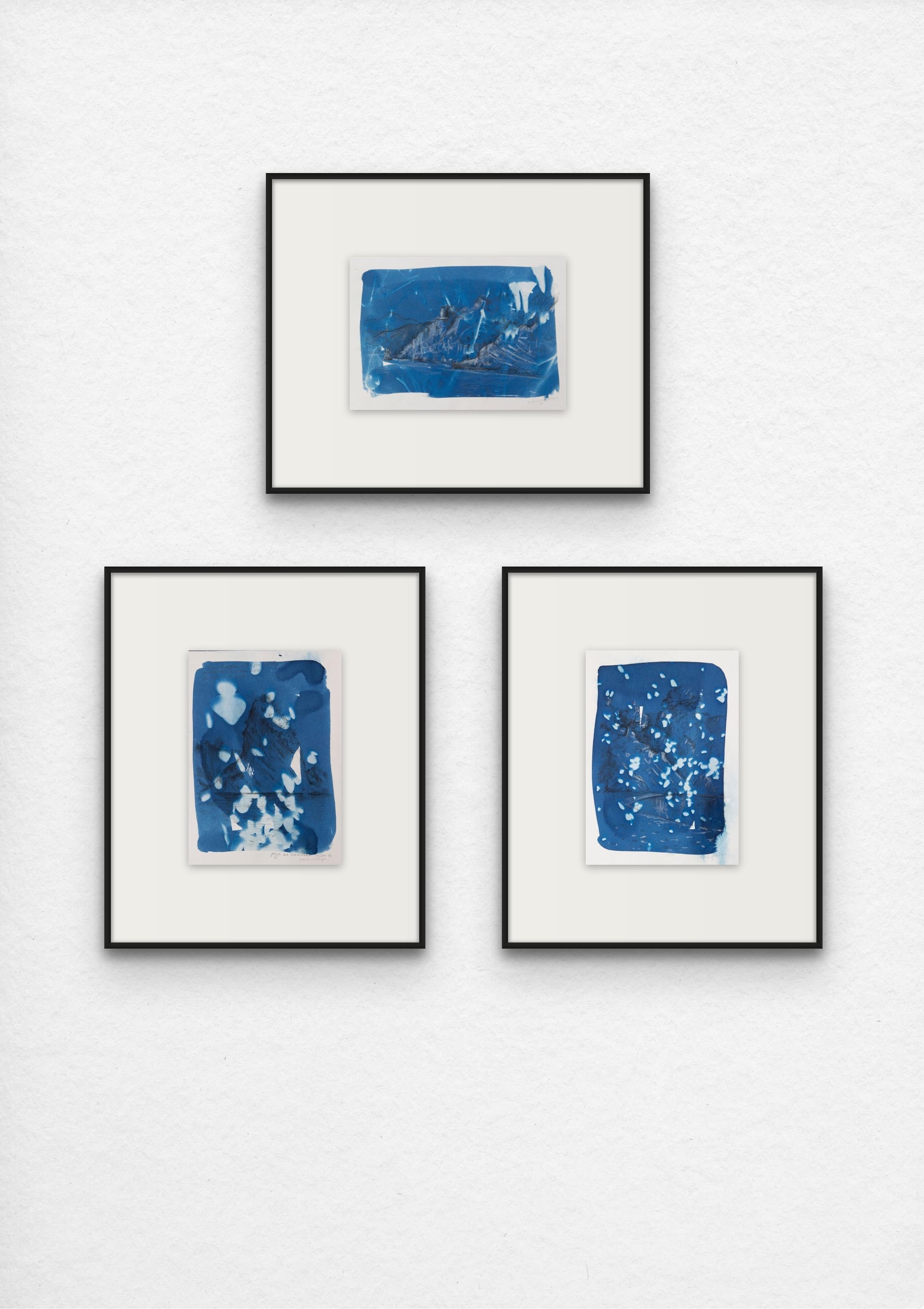 'Pétalos y Piedra'. Spanish landscape mixed media drawing - Blue Abstract Drawing by Sophia Milligan