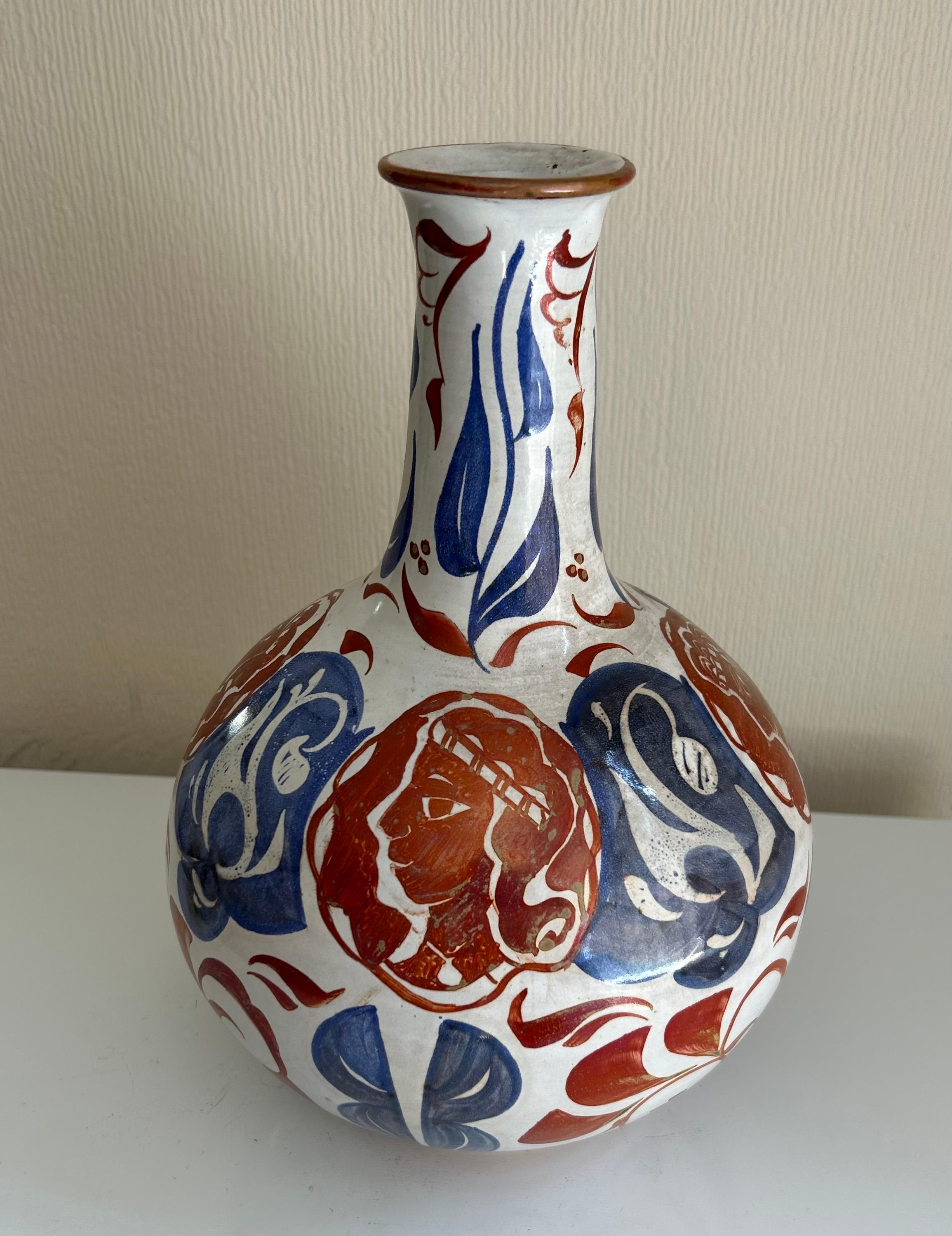 Rounded vase with tall neck & lustre figures - Contemporary Art by Alan Caiger-Smith