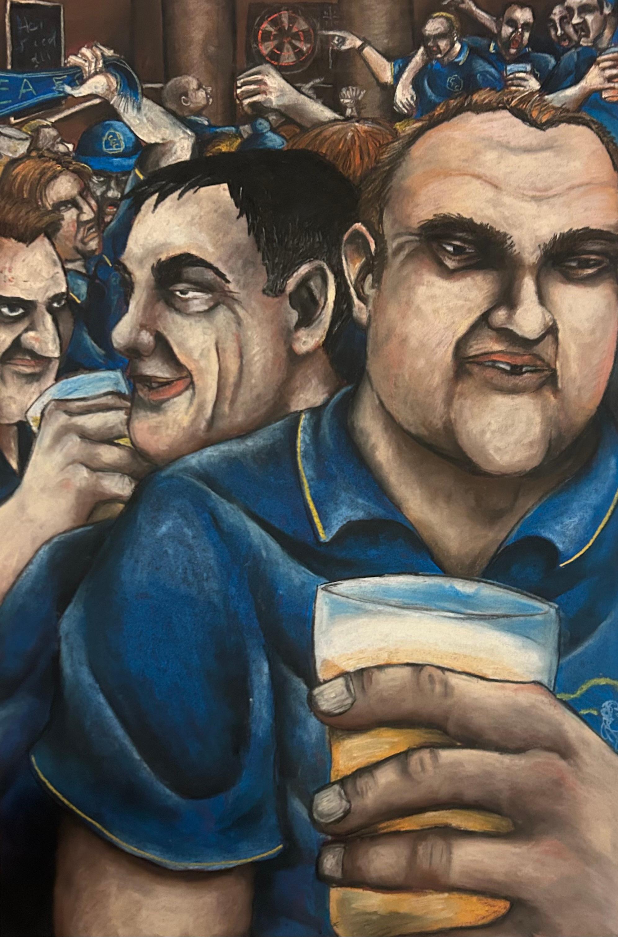Wayne Russell Figurative Art - The Pub Darts Team, Contemporary Oil Pastel Drawing, Circa 2000-2009
