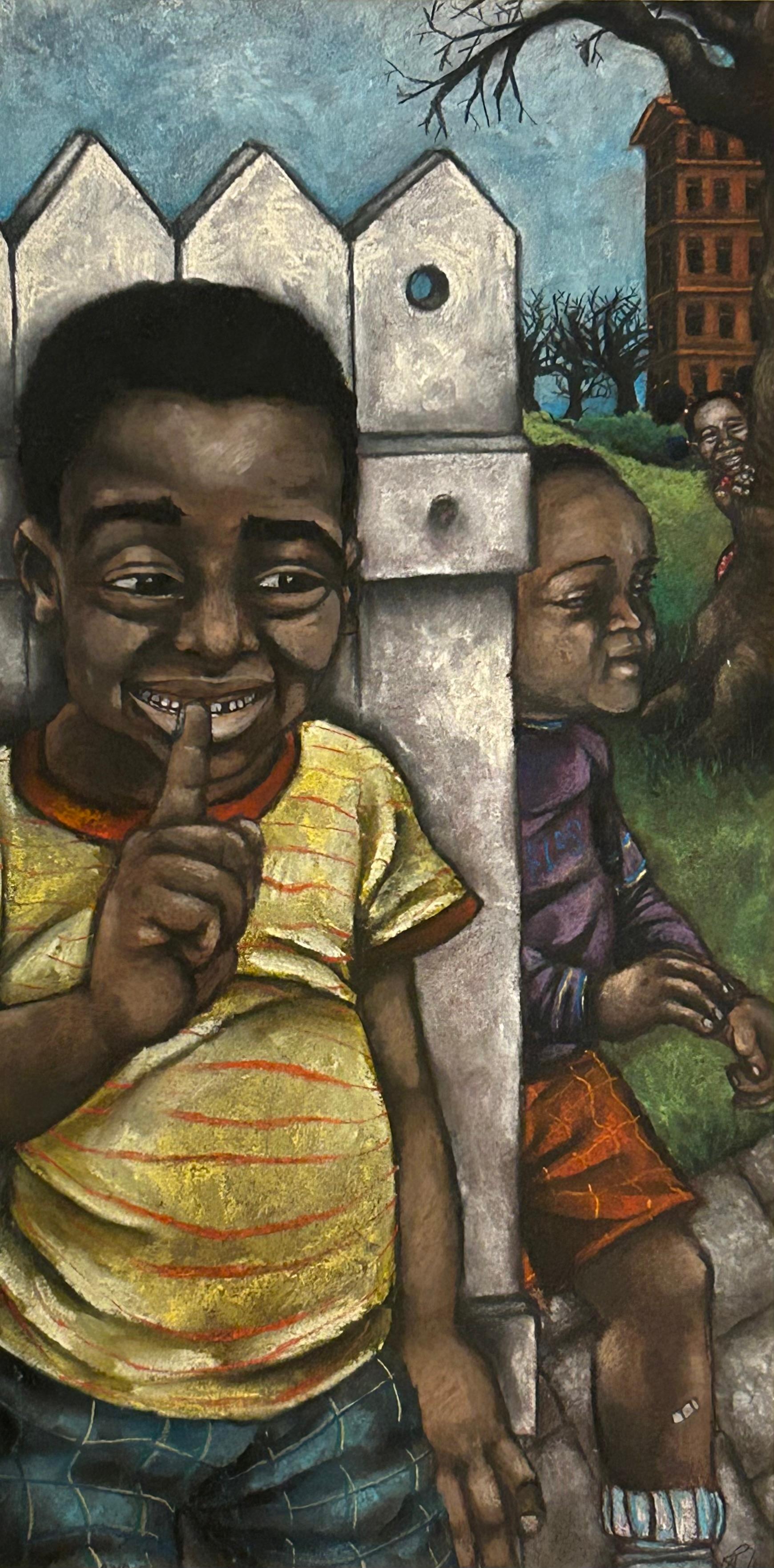 Wayne Russell Figurative Art - Hide and Seek Oil Pastel Drawing, Contemporary, London Life, 2000s