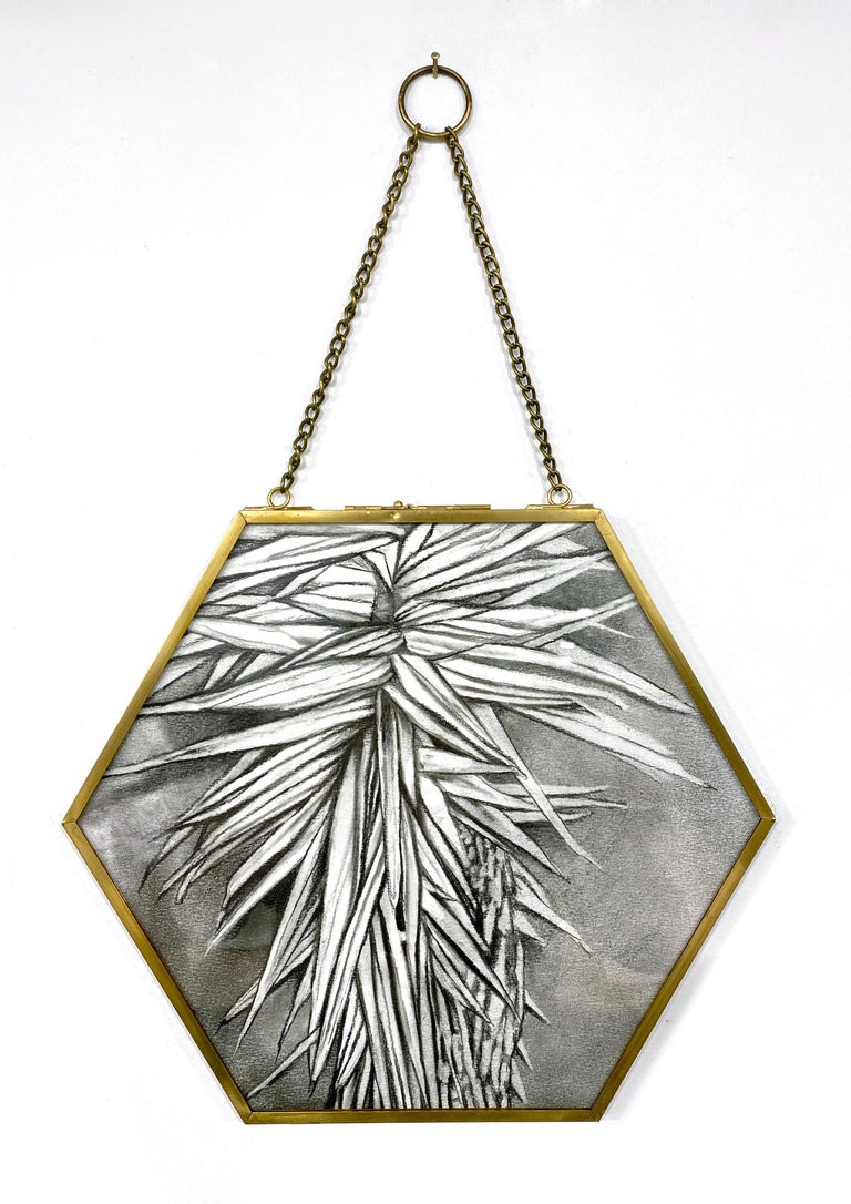 Rachel Kohn Abstract Drawing - Black & White Botanical Charcoal & Graphite Drawing in Metal Hexagon Frame
