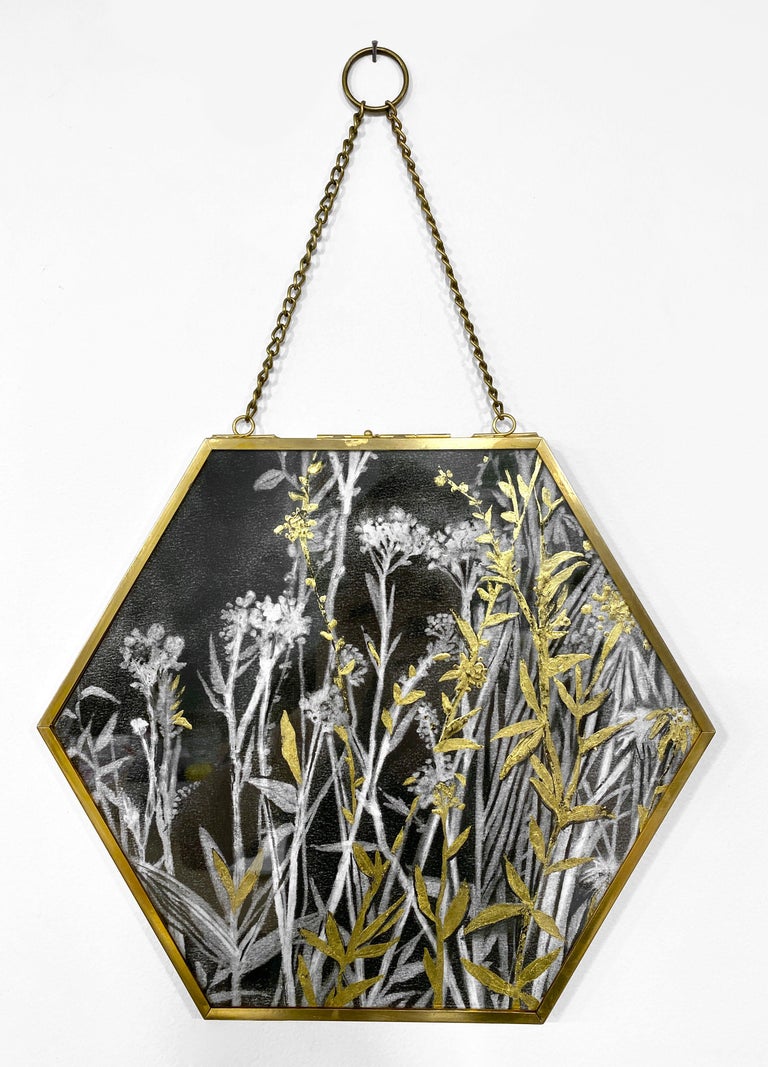 Rachel Kohn Still-Life - Black & White Botanical Charcoal Drawing with Gold Leaf in Metal Hexagon Frame