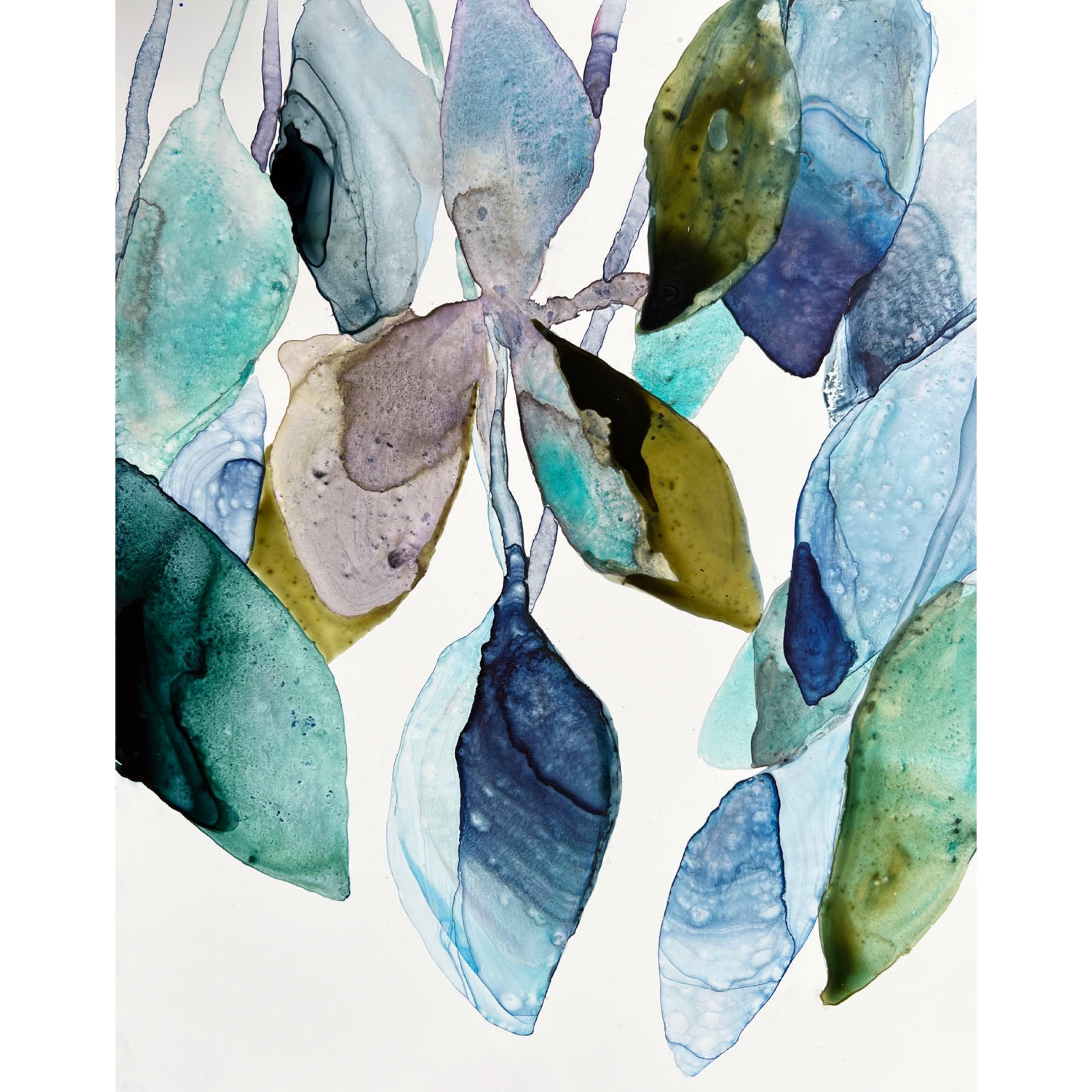 Rachel Kohn Still-Life - Blue Leaves 1, botanical painterly plant watercolor in blue and teal