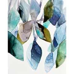 Blue Leaves 1, botanical painterly plant watercolor in blue and teal