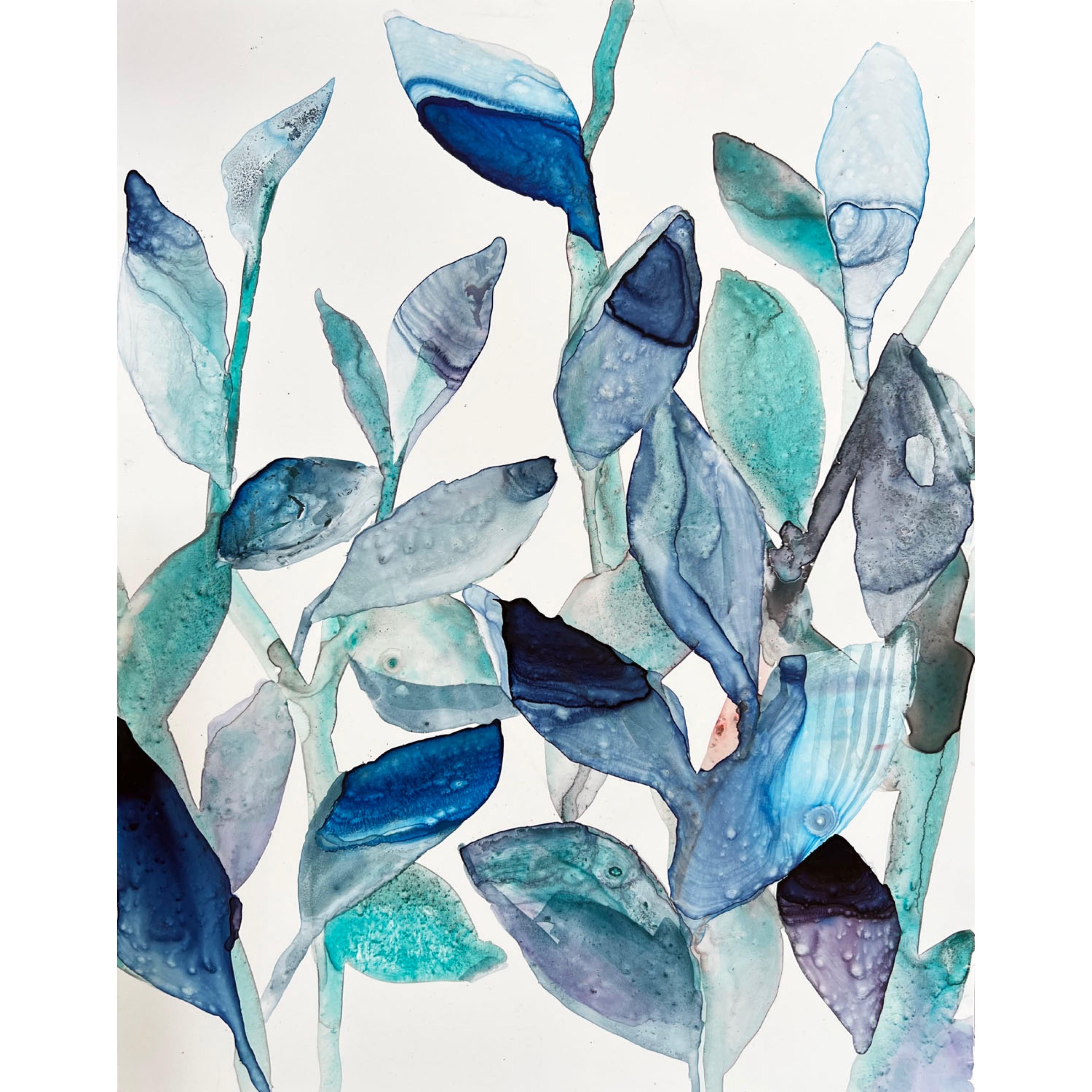 Blue Leaves 2, a botanical plant still life watercolor painting in teal
